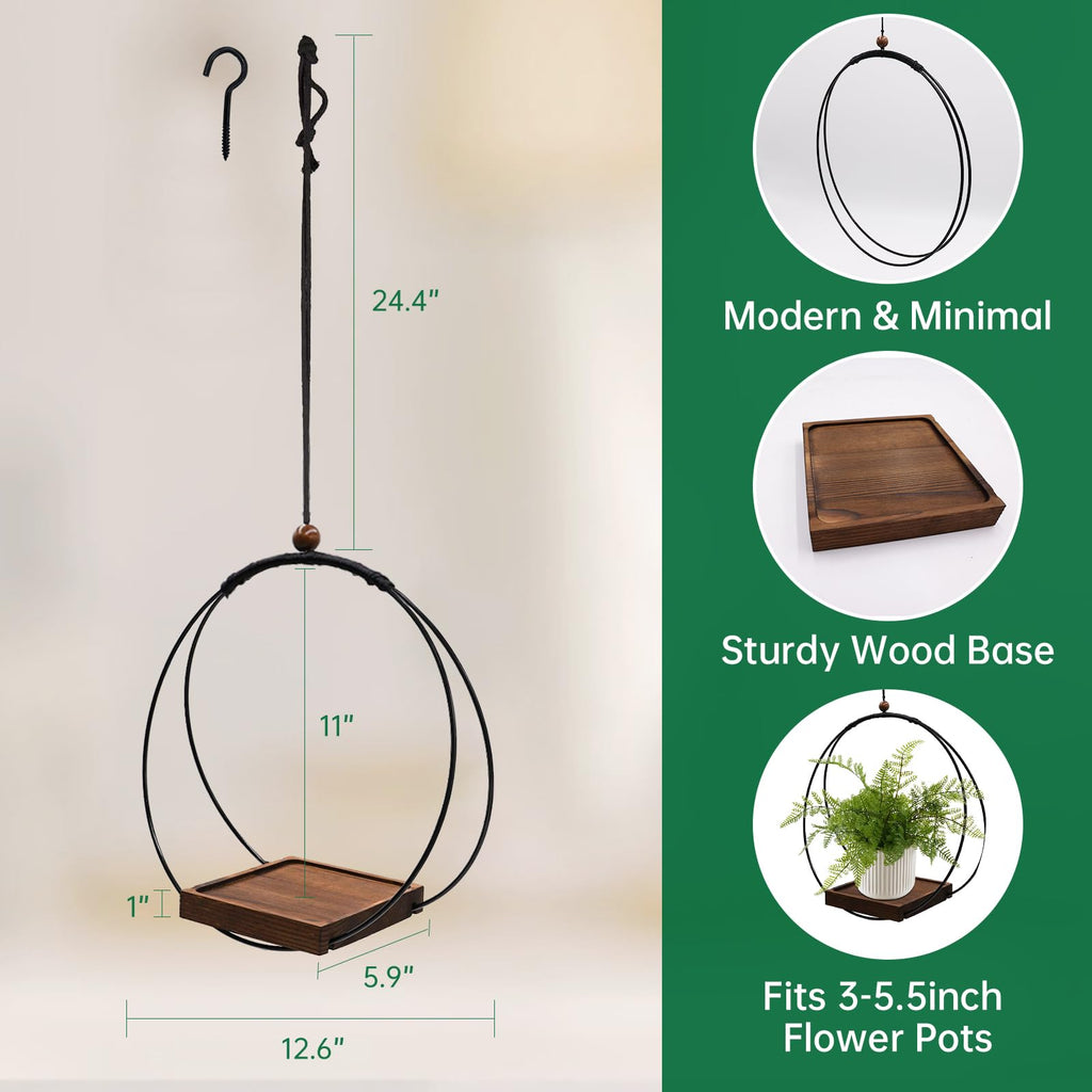 Hanging Planter for Indoor Plants, Black Plant Hanger Indoor with Sturdy Wood Base, Modern Boho Macrame Plant Hanger for 3-5.5 Inch Pot, Hanging Wall Ceiling Window Home Decor (Pots Not Included)