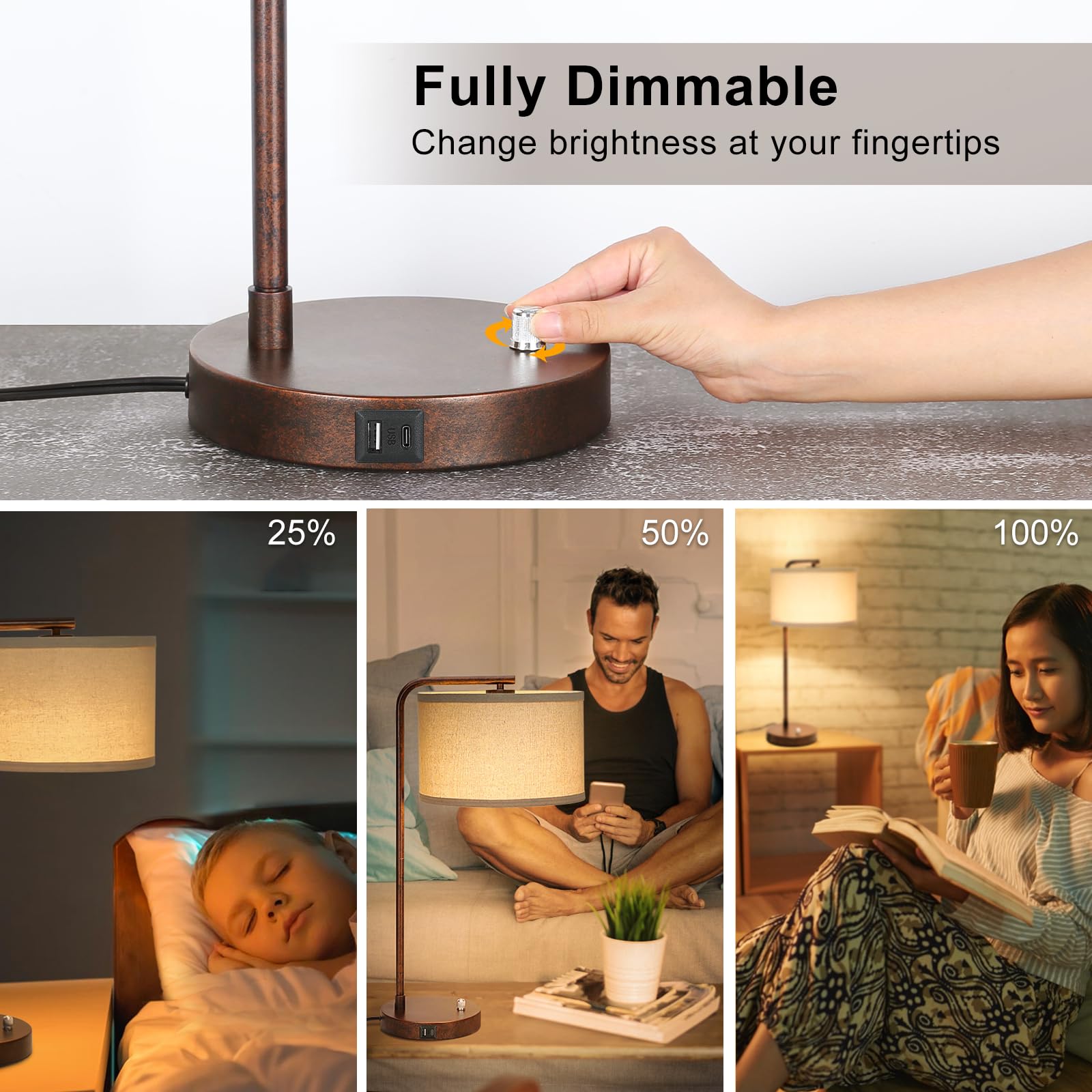 Table Lamps Set of 2, Fully Dimmable Bedside Lamp with USB C+A Charging Ports, Modern Nightstand Lamps with Linen Fabric Shades, Tall Desk Lamp for Bedroom, Living Room, Office, LED Bulb Included