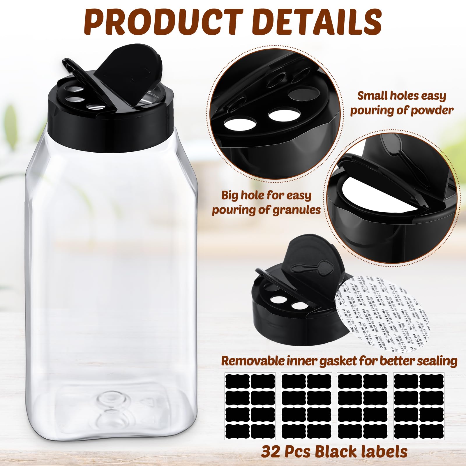 Mifoci 28 Pack 16 oz Plastic Spice Jars with Cap Square Plastic Bottle Containers with Shaker Lids and Stickers Large Seasoning Shaker Empty Powder Storage Container for Storing Salt Herbs (Black)