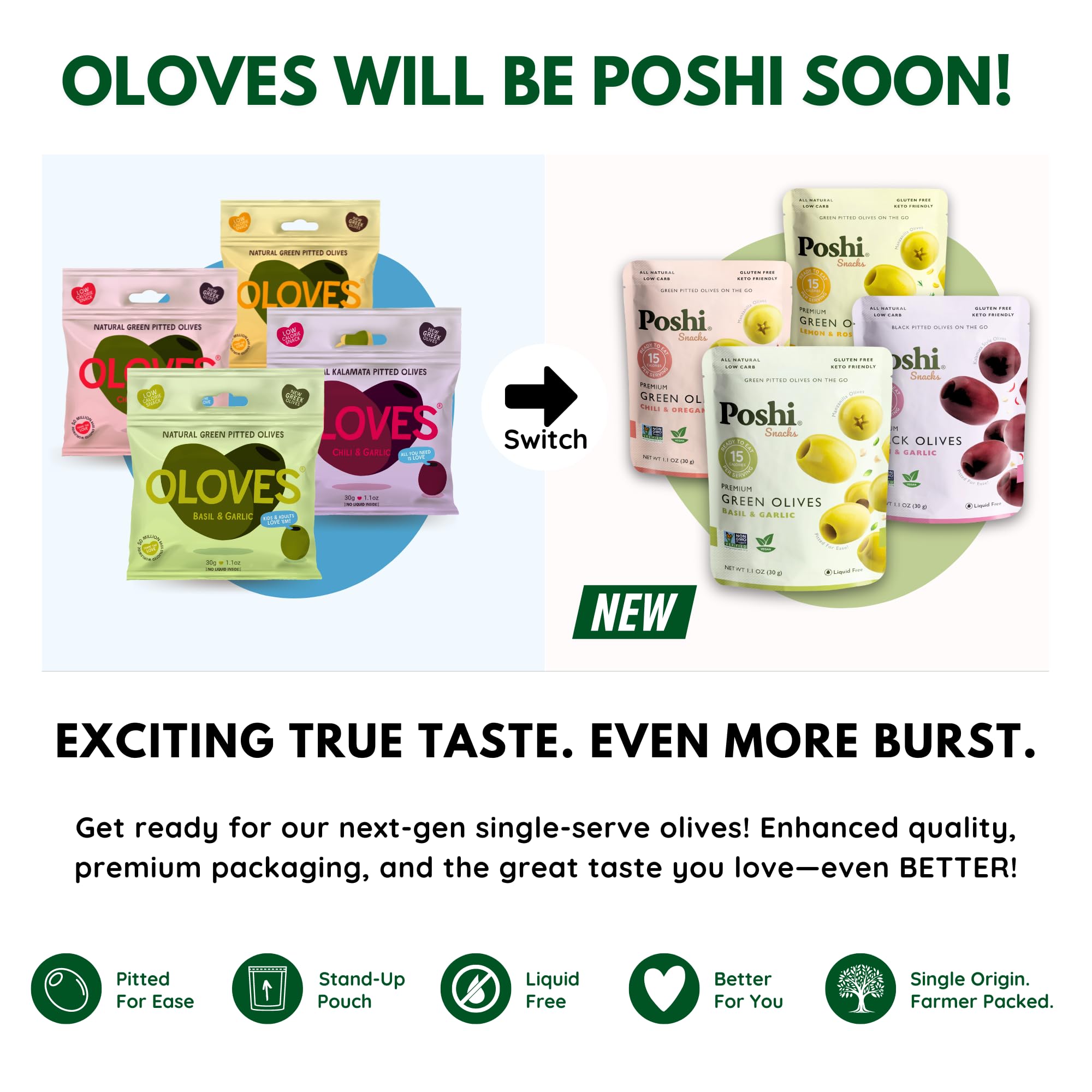 POSHI Green Pitted Olives - Basil & Garlic | Vegan, Kosher, Gluten Free + Keto Friendly, Fresh, Low Calorie Healthy Snacks | (30 Pack, 1.1oz Bags)