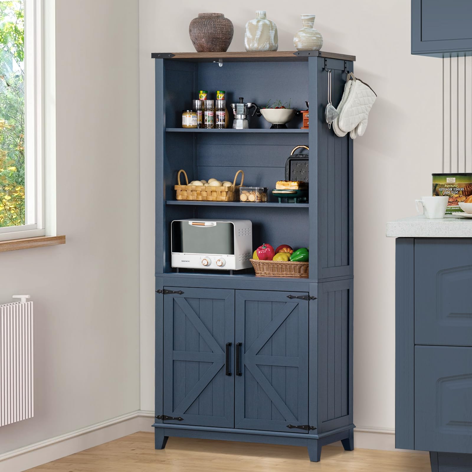 Joaxswe 70in Tall Bookshelf 5 Tier Bookcase with Barn Doors and Adjustable Shelves, Black Farmhouse Book Shelf with Storage Cabinet, Wood Freestanding Display Bookshelves for Bedroom, Living Room