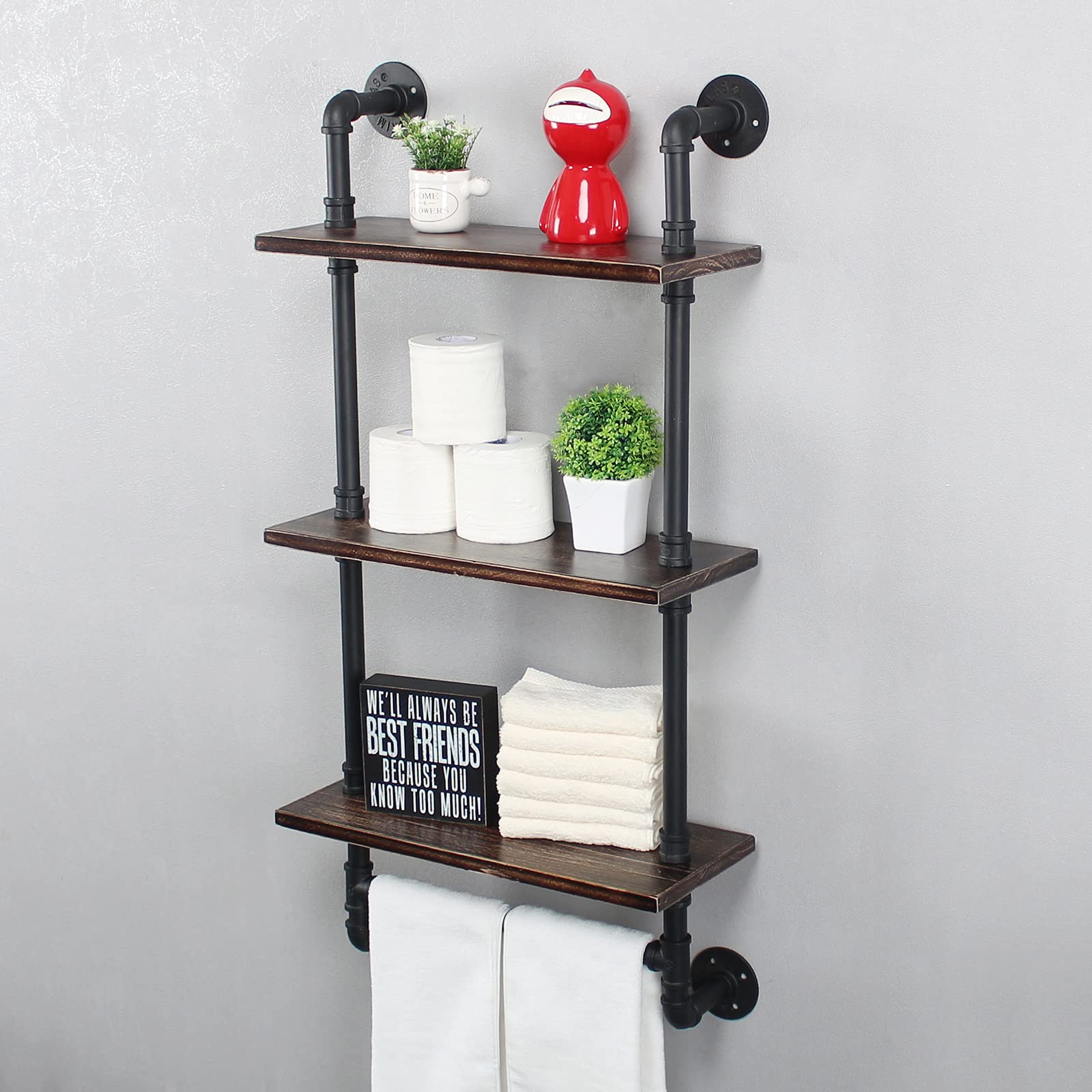 MBQQ Industrial Pipe Shelf Bathroom Shelves Wall Mounted,19.6in Rustic Wood Shelf with Towel Bar,1 Tier Farmhouse Towel Rack,Pipe Shelving Floating Shelves Towel Holder,Black & White