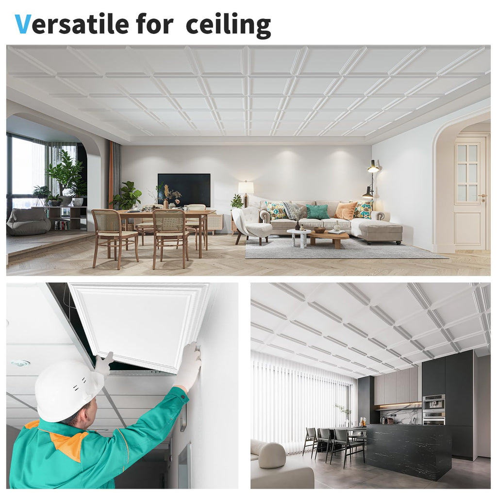 Art3d Drop Ceiling Tiles 24x24in. (12-Pack, 48 Sq.ft), Wainscoting Panels Glue Up 2ft x 2ft for Interior Décor in Living Room, Bedroom & Office, Star Black