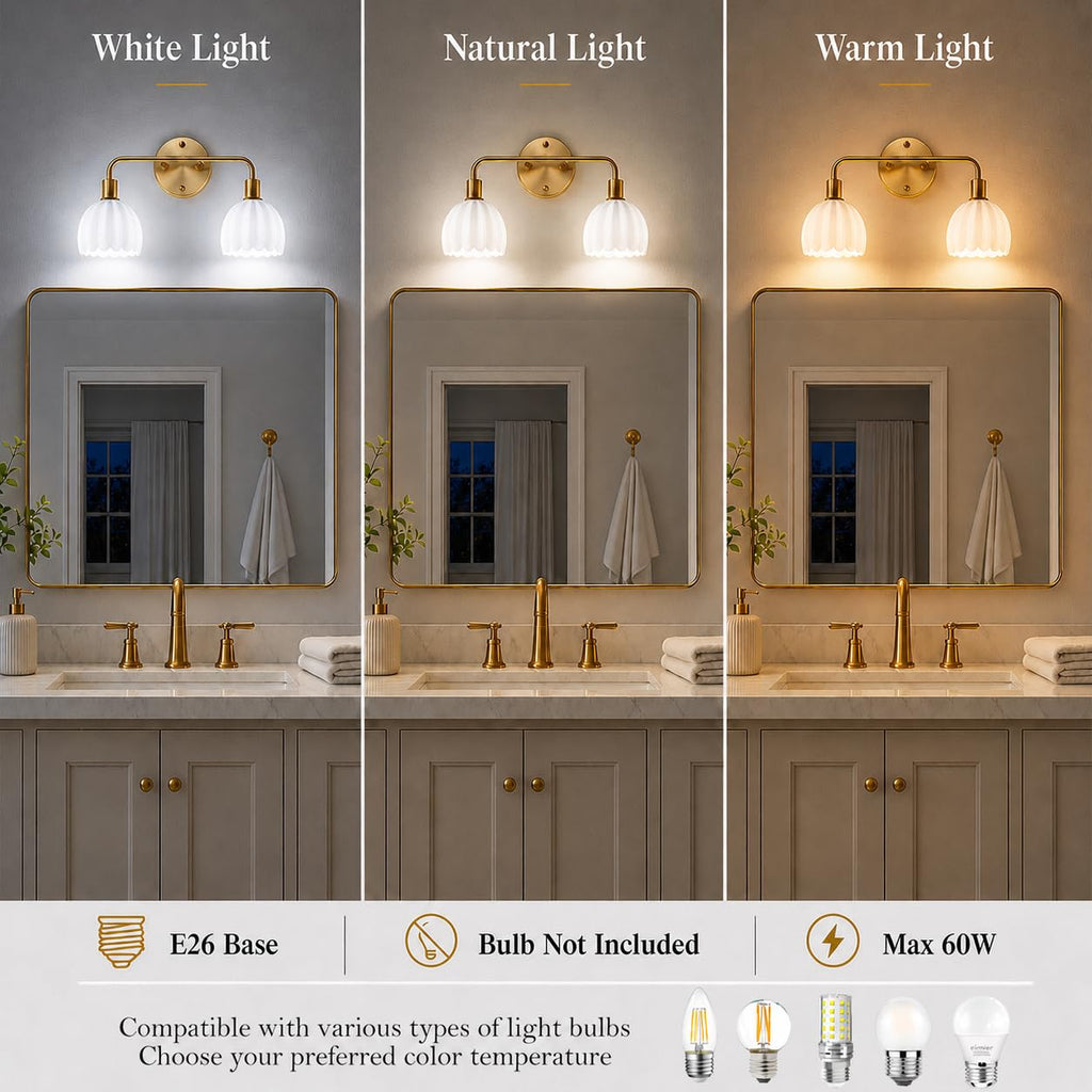 1-Light Gold Brass Bathroom Light Fixture,Wall Sconces set of 2,Brushed Gold Vanlity Light Over Mirror,Bathroom Vanity Light with White Tulip Glass Flower Shade,E26 Socket(Bulbs Not Included)