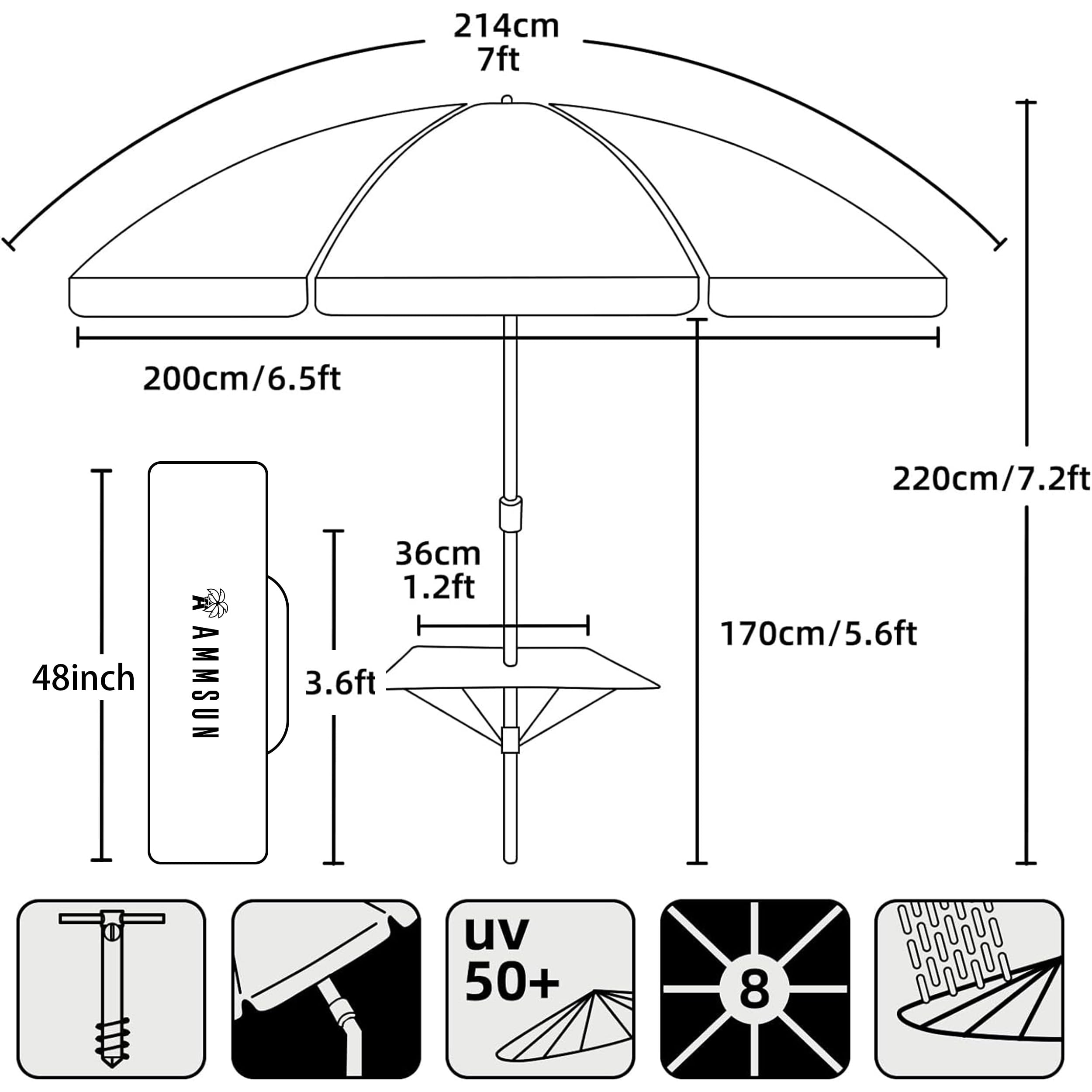 AMMSUN 7ft Heavy Duty High Wind Beach Umbrella with sand anchor, Built-in Table Tray Vent Tilt Pole, UPF 50+ Windproof Portable Outdoor Umbrellas Carry Bag for Patio Garden Pool Backyard stripe