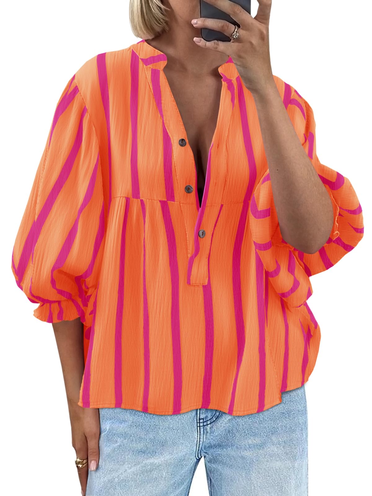 Tankaneo Womens Puff Sleeve Babydoll Tops Summer V Neck Striped Blouse Cute Casual Loose Fit Flowy Shirts