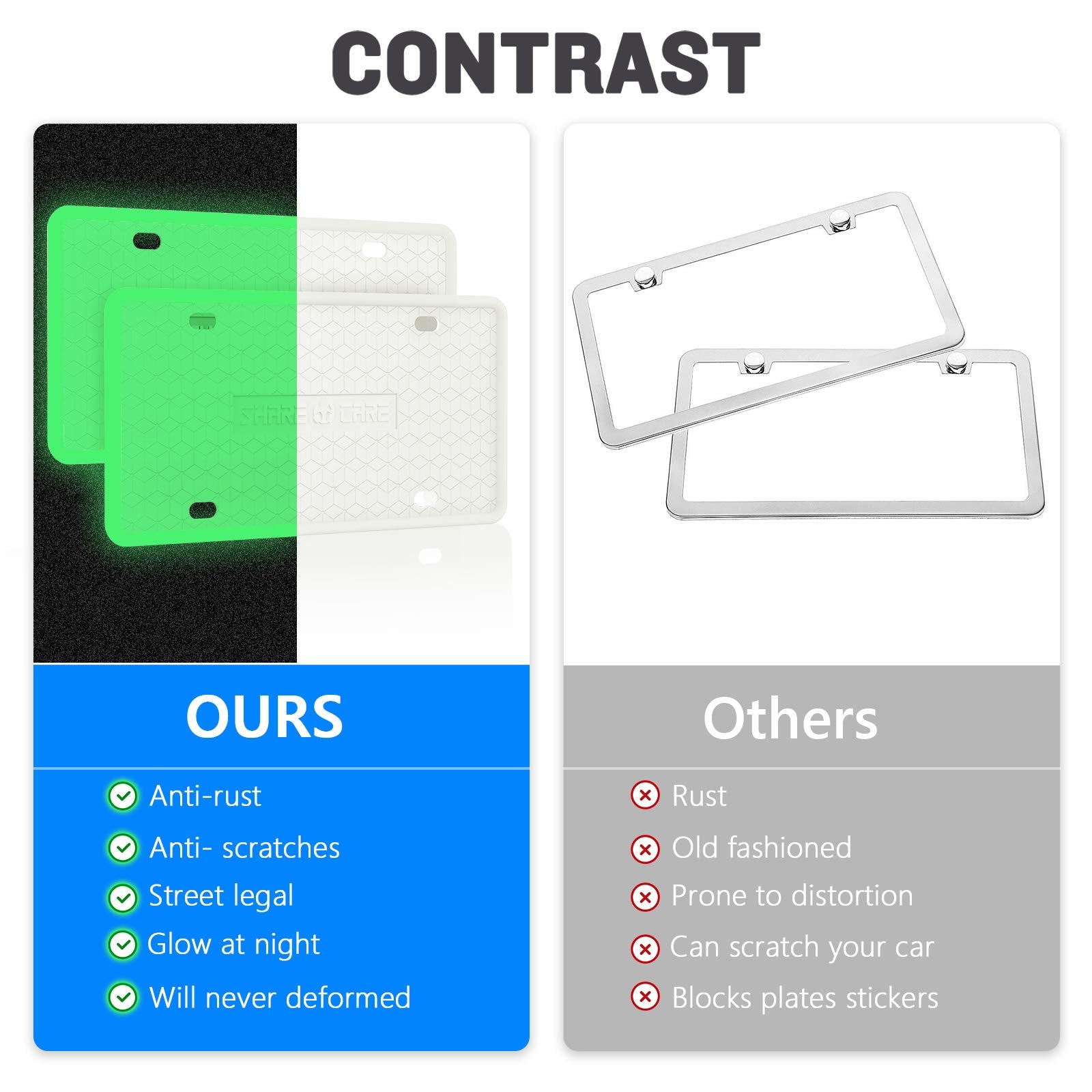 QiqaMole 2 Pack License Plate Frame Include 1 Silicone License Plate Frame and 1 Crystal License Plate Cover with Rhinestone Crystal Diamond Screw Set Car Bling License Plate Frame (Black + AB Color)