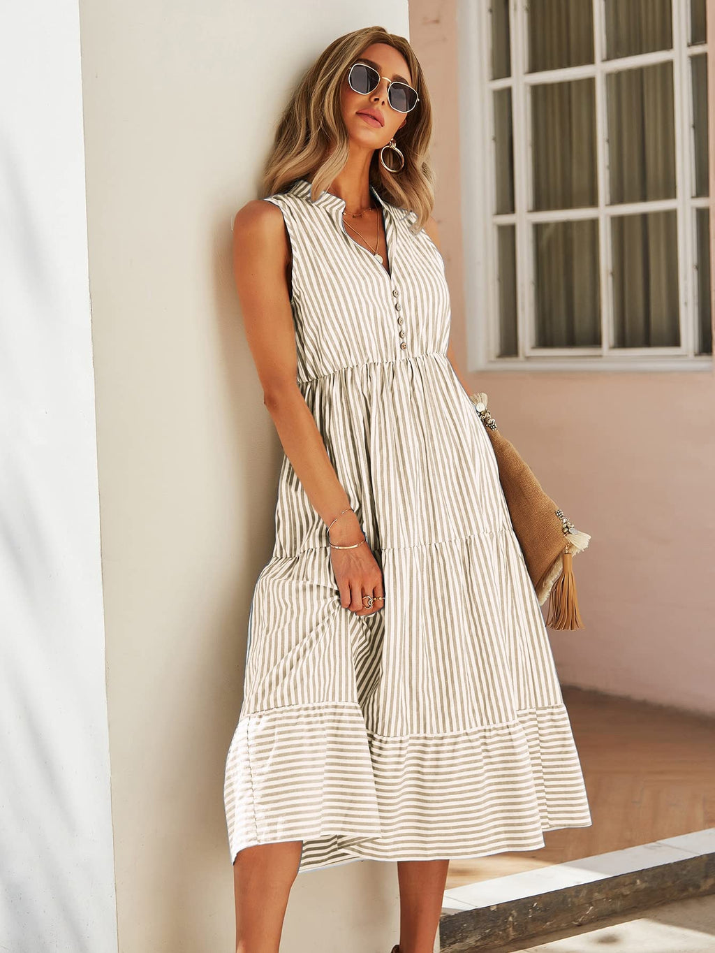 Floerns Women's Striped Print Notched Neck Sleeveless Ruffle A Line Midi Dress