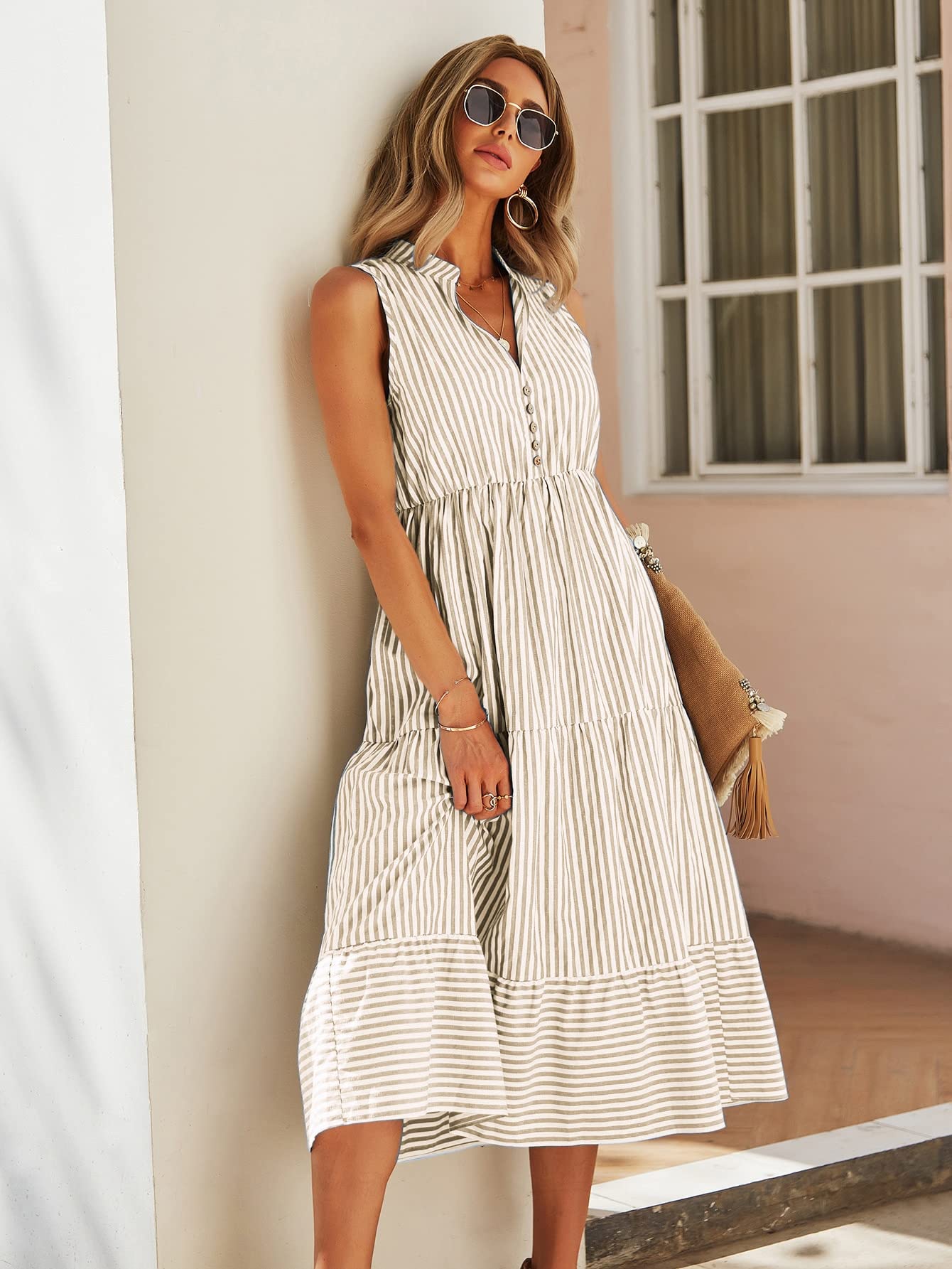 Floerns Women's Striped Print Notched Neck Sleeveless Ruffle A Line Midi Dress