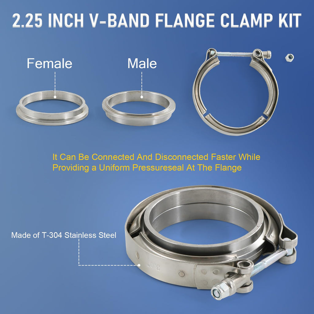 2.25" V-Band Flange Clamp Kit With Ridge Stainless Steel Replacement For Exhaust Downpipe 2.25 Inch