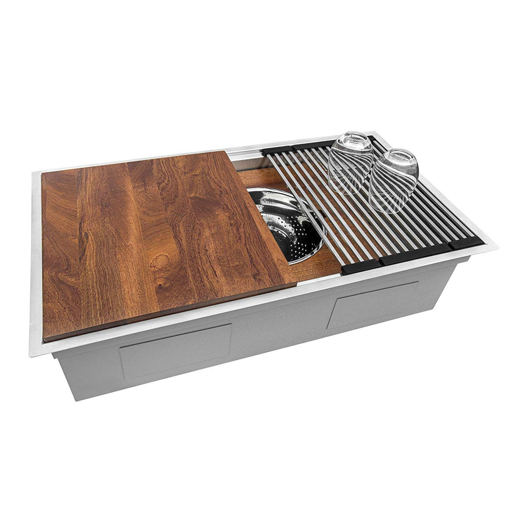 Ruvati 33-inch Workstation Kitchen Sink - Dual Tier Double Bowl Kitchen Sink - Low Divide Undermount Sinks - 16 Gauge Stainless Steel Kitchens Sinks - RVH8255