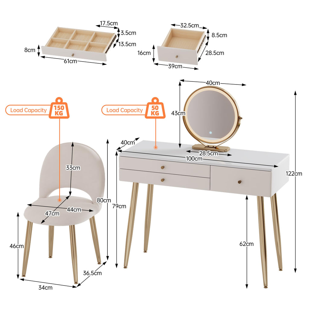 KDCAS Vanity Desk with Mirror and Lights| 39" Beige Modern Makeup Vanity Set with Drawers & Adjustable Chair| White and Gold Dressing Table for Small Spaces & Bedroom