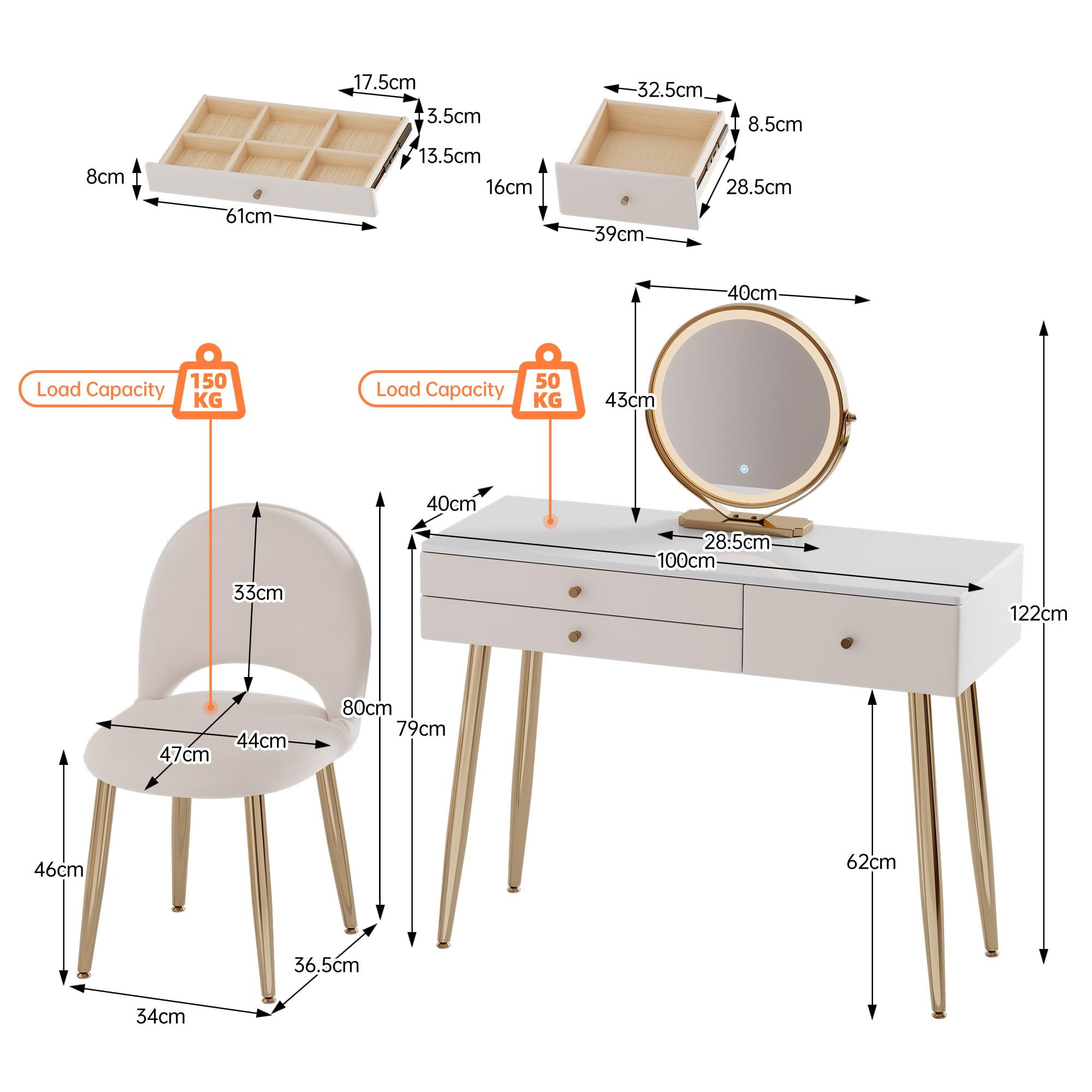 KDCAS Vanity Desk with Mirror and Lights| 39" Beige Modern Makeup Vanity Set with Drawers & Adjustable Chair| White and Gold Dressing Table for Small Spaces & Bedroom