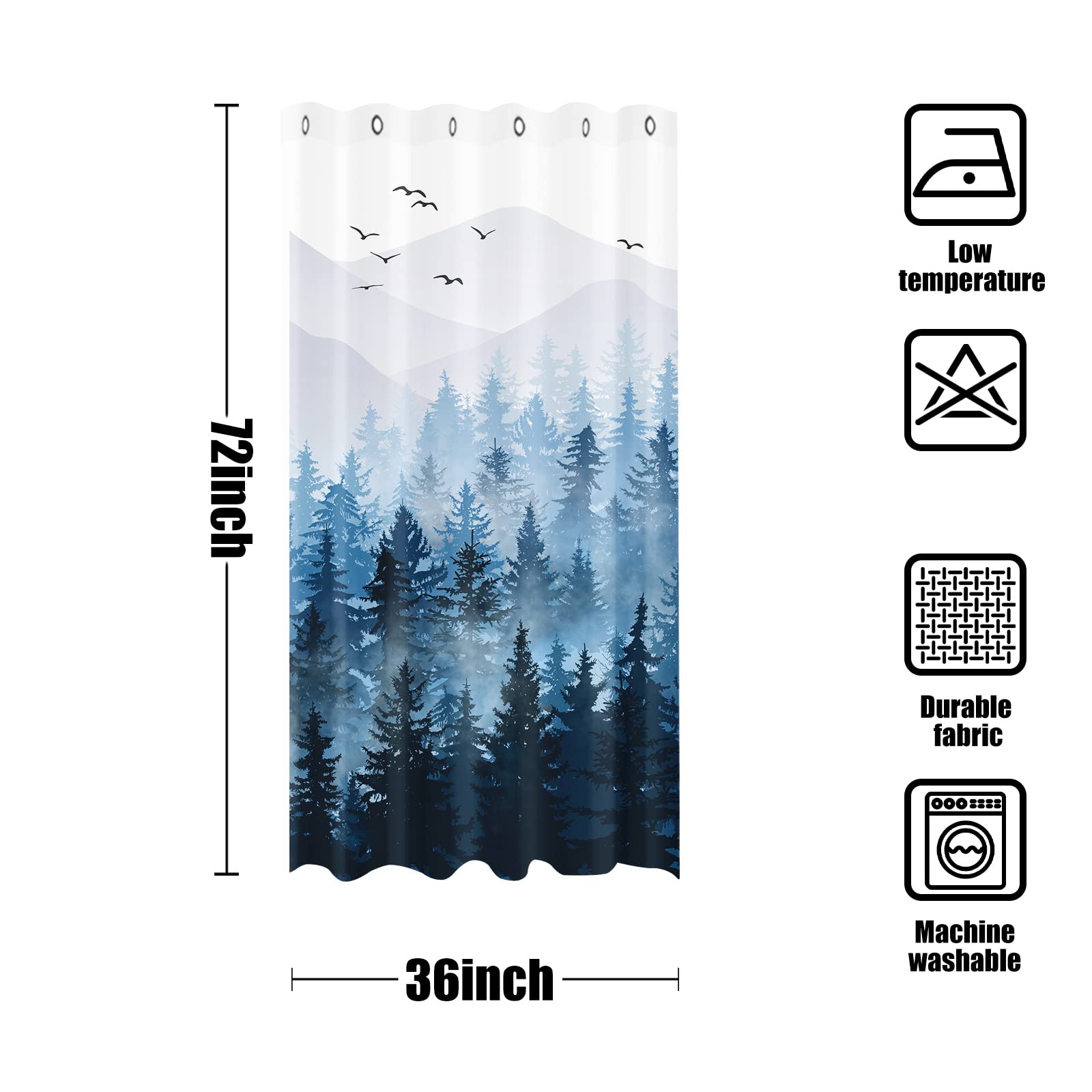 Stall Small Black and White Misty Forest Shower Curtain Ombre Gray Grey Mountain Pine Tree Waterproof Fabric Shower Curtains for Bathroom Nature Woodland Decorative Bath Curtain Decor 36×72 Inches
