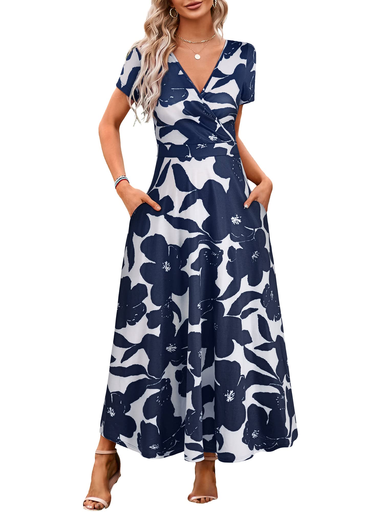 HUHOT Women's Short Sleeve Wrap V Neck Dresses for Wedding Guest Summer Floral Maxi Sundresses with Pockets Boho Dress