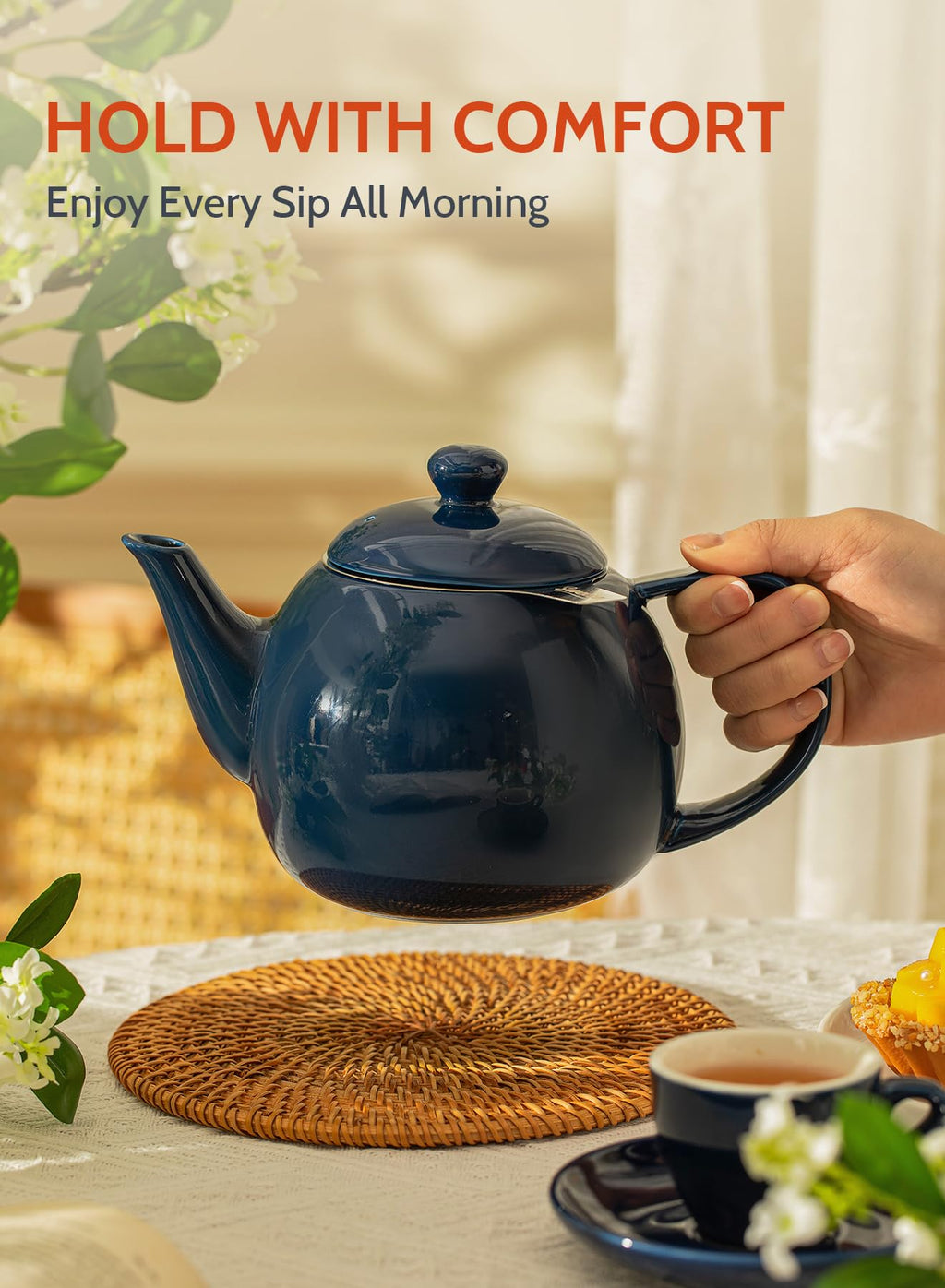 Sweese Porcelain Teapot 27 oz with Infuser for Loose Leaf Tea, Bluish Grey