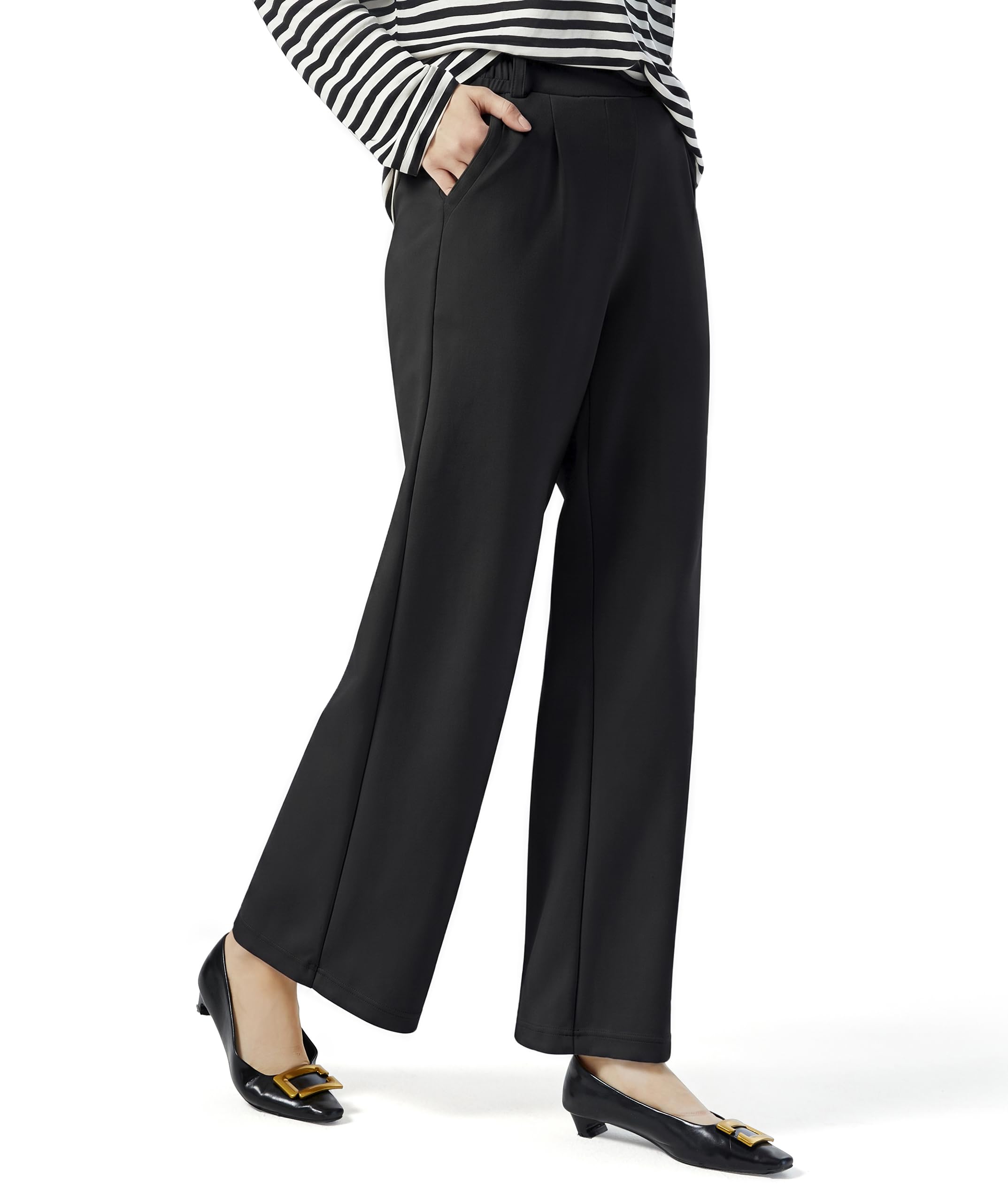 AFITNE Womens Wide Leg Work Pants High Waist Pull On Dress Pants Elastic Waistband Casual Slacks with Thick Fabric