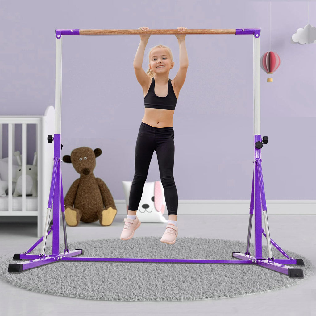 FC FUNCHEER Gymnastics Bar for Kids Ages 3-15, 35" to 60" Adjustable Height, 4FT Wide Base - Professional Kip Bar with 360° Stability & Fiberglass Crossbar, Easy Fold&Solid Design for Home Training
