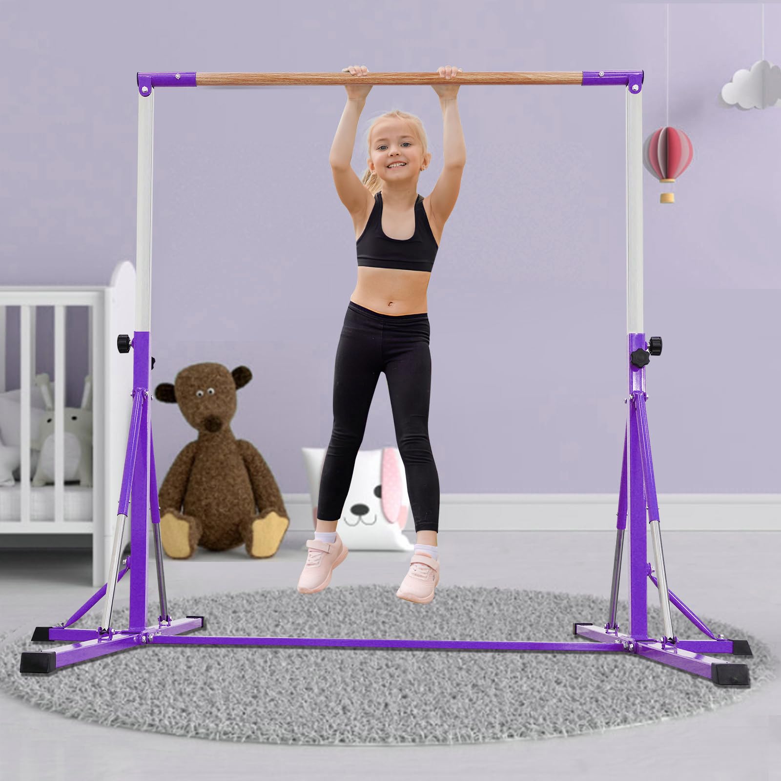 FC FUNCHEER Gymnastics Bar for Kids Ages 3-15, 35" to 60" Adjustable Height, 4FT Wide Base - Professional Kip Bar with 360° Stability & Fiberglass Crossbar, Easy Fold&Solid Design for Home Training