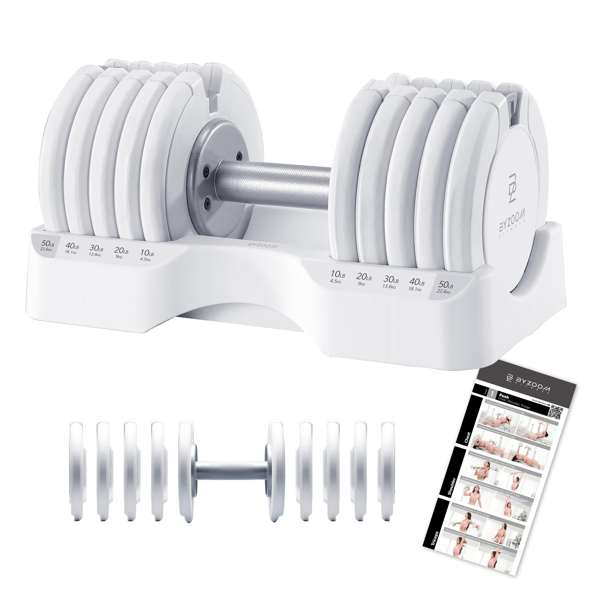 BYZOOM FITNESS Pure Series Adjustable Dumbbell - 12.5/25/27.5/50/55/75lb - ONE UNIT OR PAIR(check QTY before purchase) - 5-in-1/ 10-in-1 / 15-in-1 / 21-in-1 Flexible Hand Weights for Home Apartment Garage Gym, Strength Training & Fitness Workouts, White O