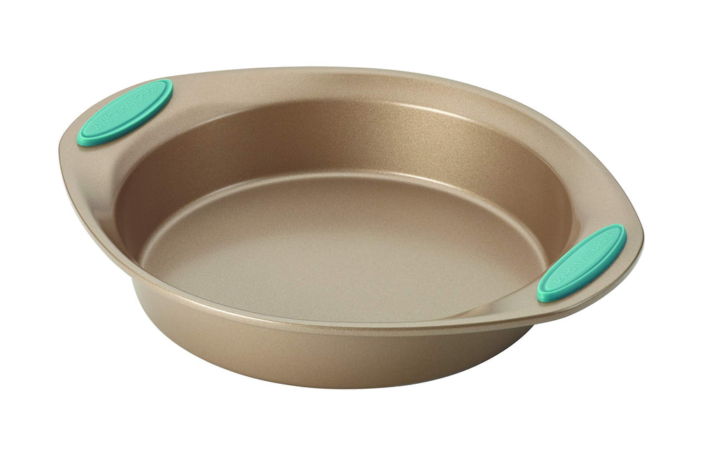 Rachael Ray Cucina Bakeware Set Includes Nonstick Cake Cookie Baking Sheet and Muffin Cupcake Pan, 4 Piece, Latte Brown with Agave Blue Grips