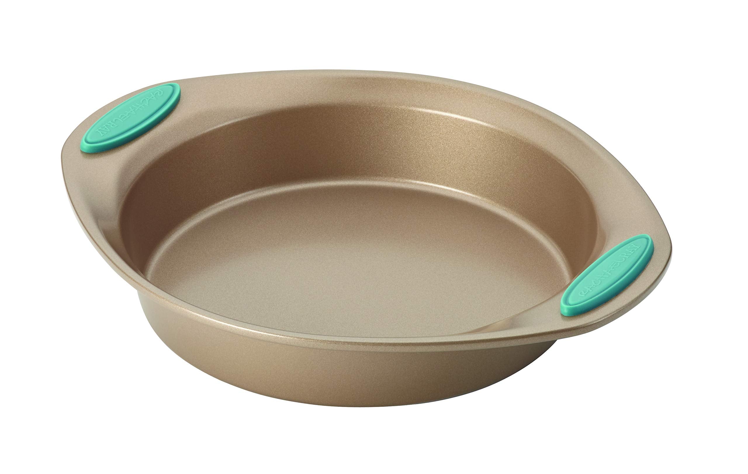 Rachael Ray Cucina Bakeware Set Includes Nonstick Cake Cookie Baking Sheet and Muffin Cupcake Pan, 4 Piece, Latte Brown with Agave Blue Grips