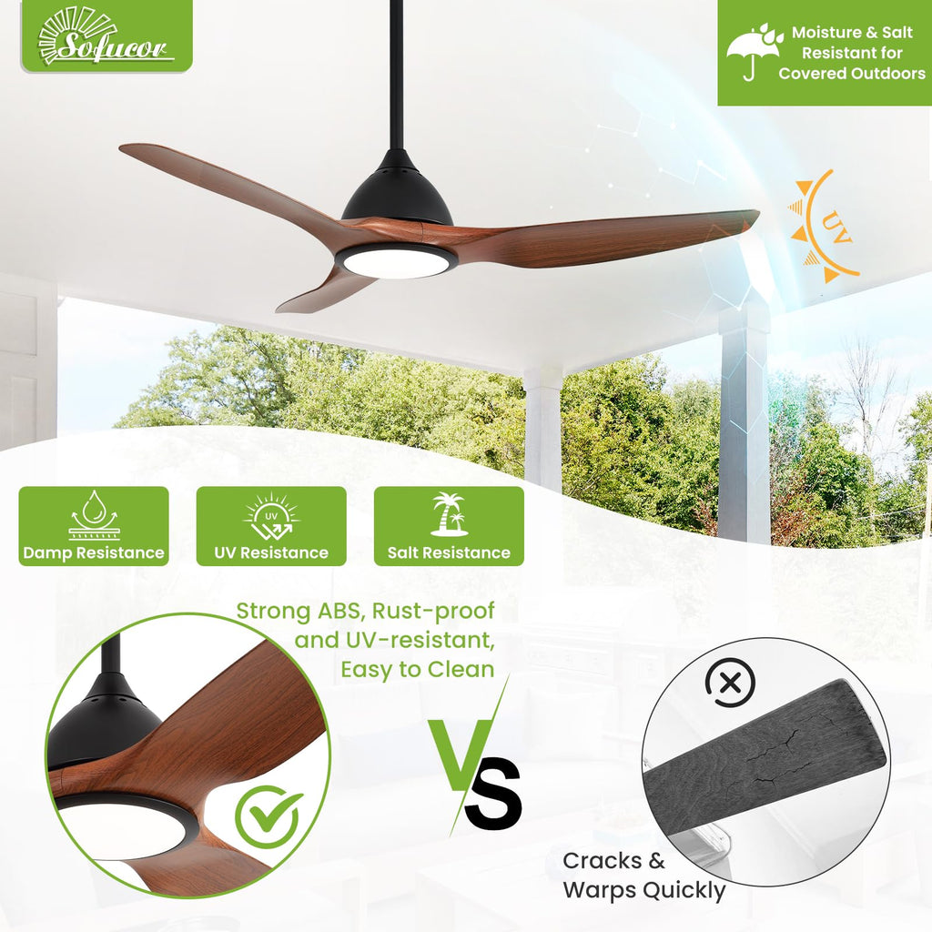 Sofucor 52 Inch Outdoor Ceiling Fans with Lights, Modern Ceiling Fan with 3 Plastic Blade, Quiet, Dimmable, High 7000CFM 6-Speed 3-Timer Reversible DC Motor, for Bedroom Living Room, ETL, Black