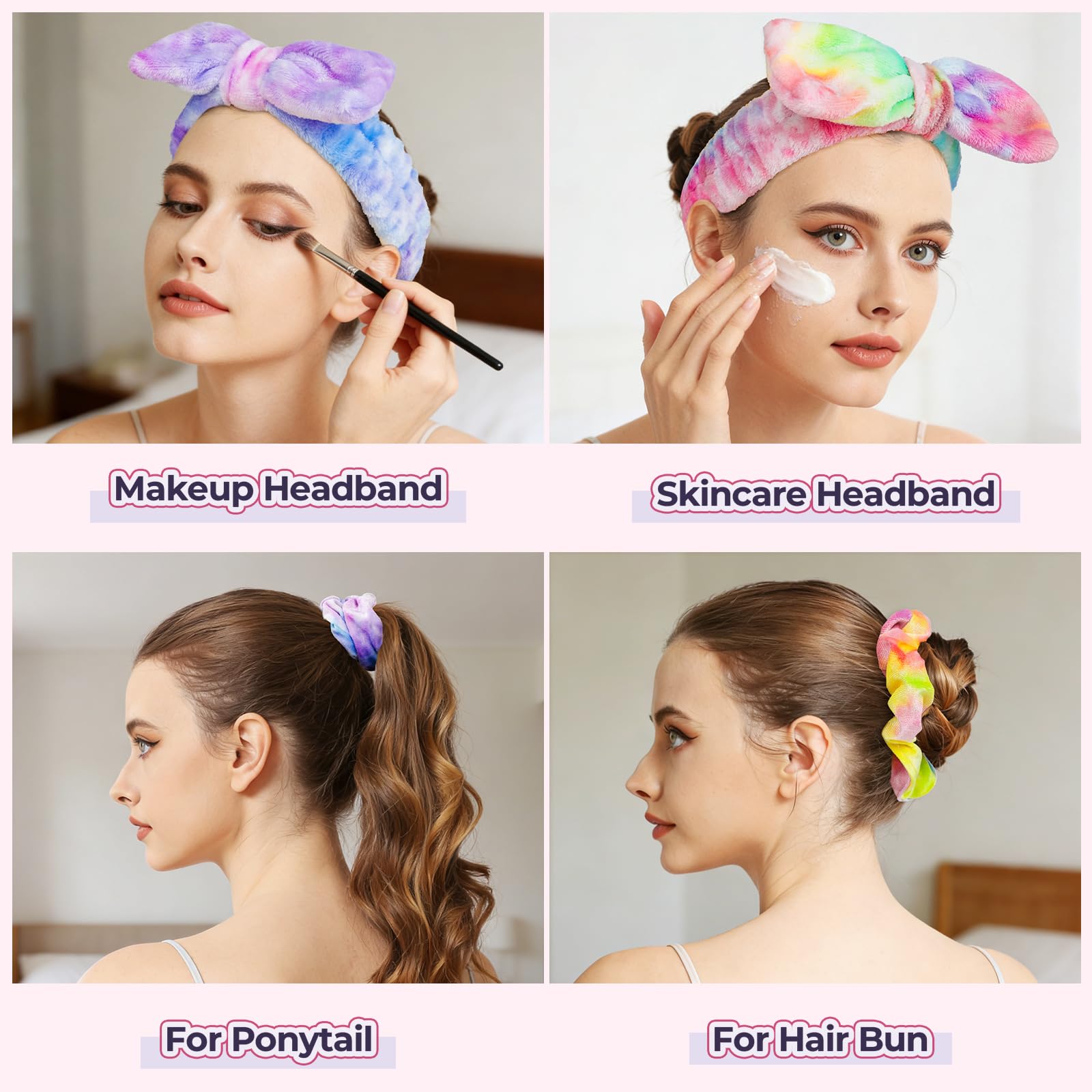 LEOBRO Spa Headband, 6pcs Makeup Headbands and Hair Scrunchies, Bow Skin Care Headband for Washing Face for Teen Girls Women, Easter Basket Valentines Gifts for Girls, Black & White & Gray