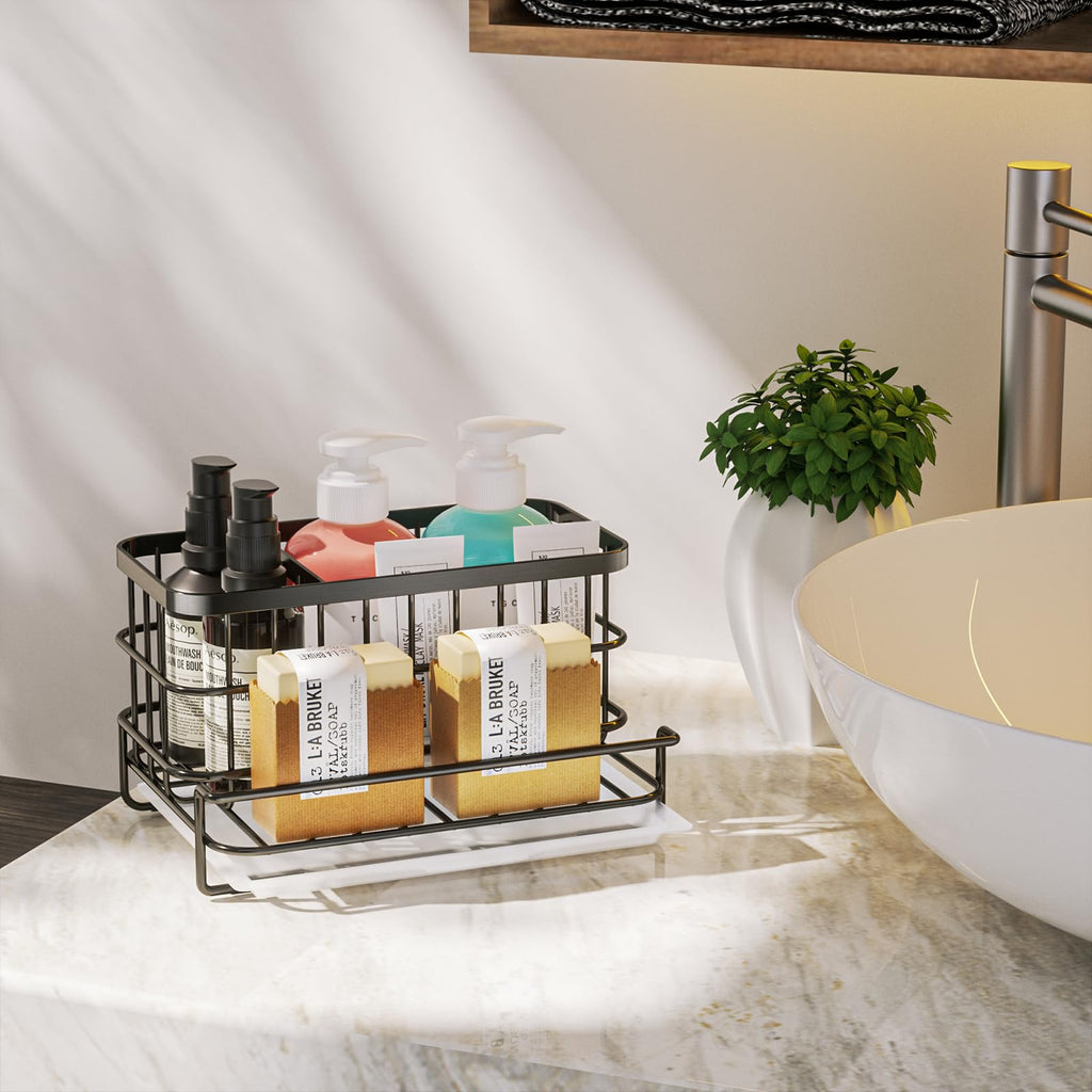 HapiRm Kitchen Sink Organizer, SUS304 Stainless Steel Rustproof Multifunctional Large Sink Caddy with Sponge Holder and Drain Tray for Kitchen Countertop (Silver)