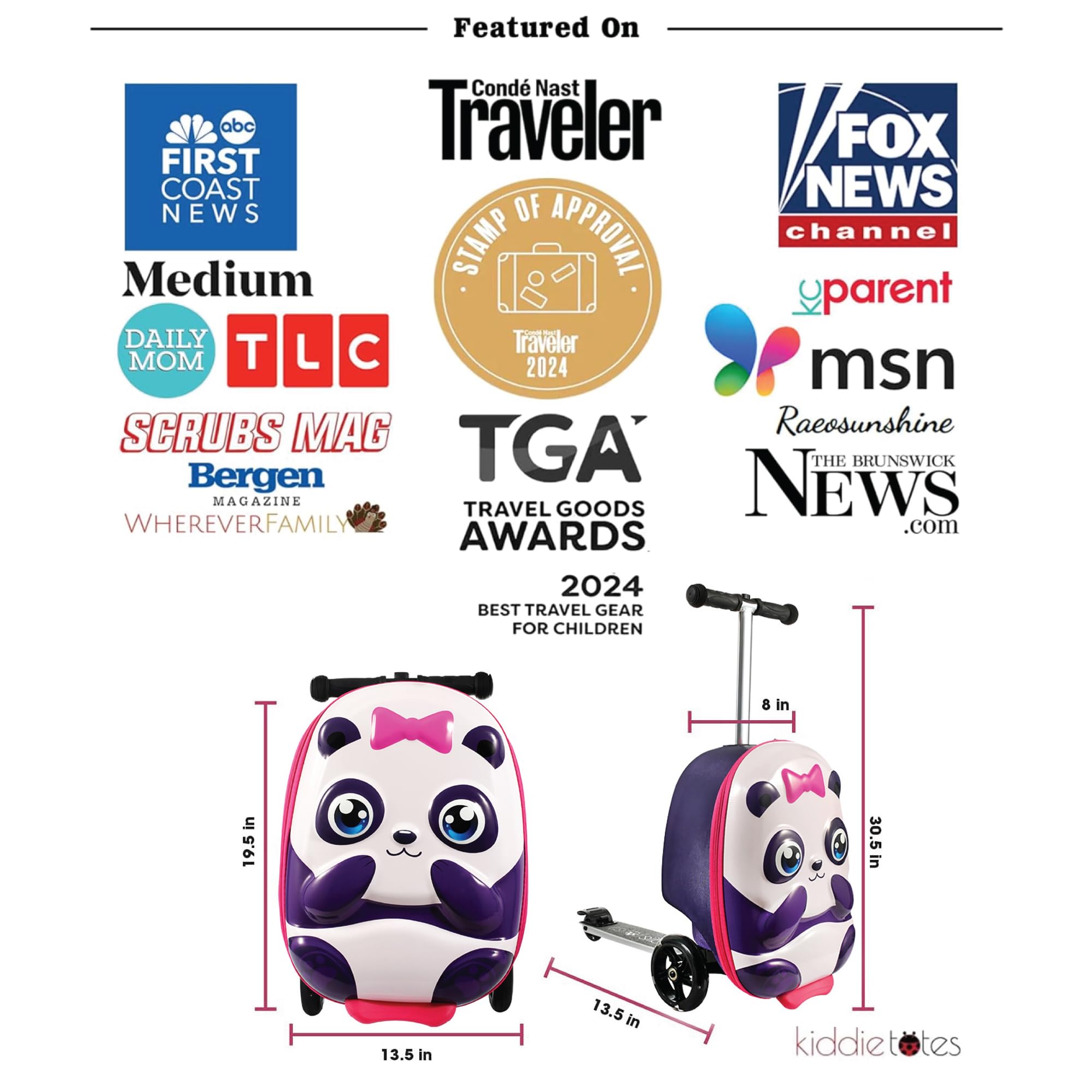 KIDDIETOTES Ride-On Scooter Suitcase for Kids – Hardside Lightweight Carry-On Luggage with Foldable Scooter, LED Wheels, Travel Fun for Toddlers & Children