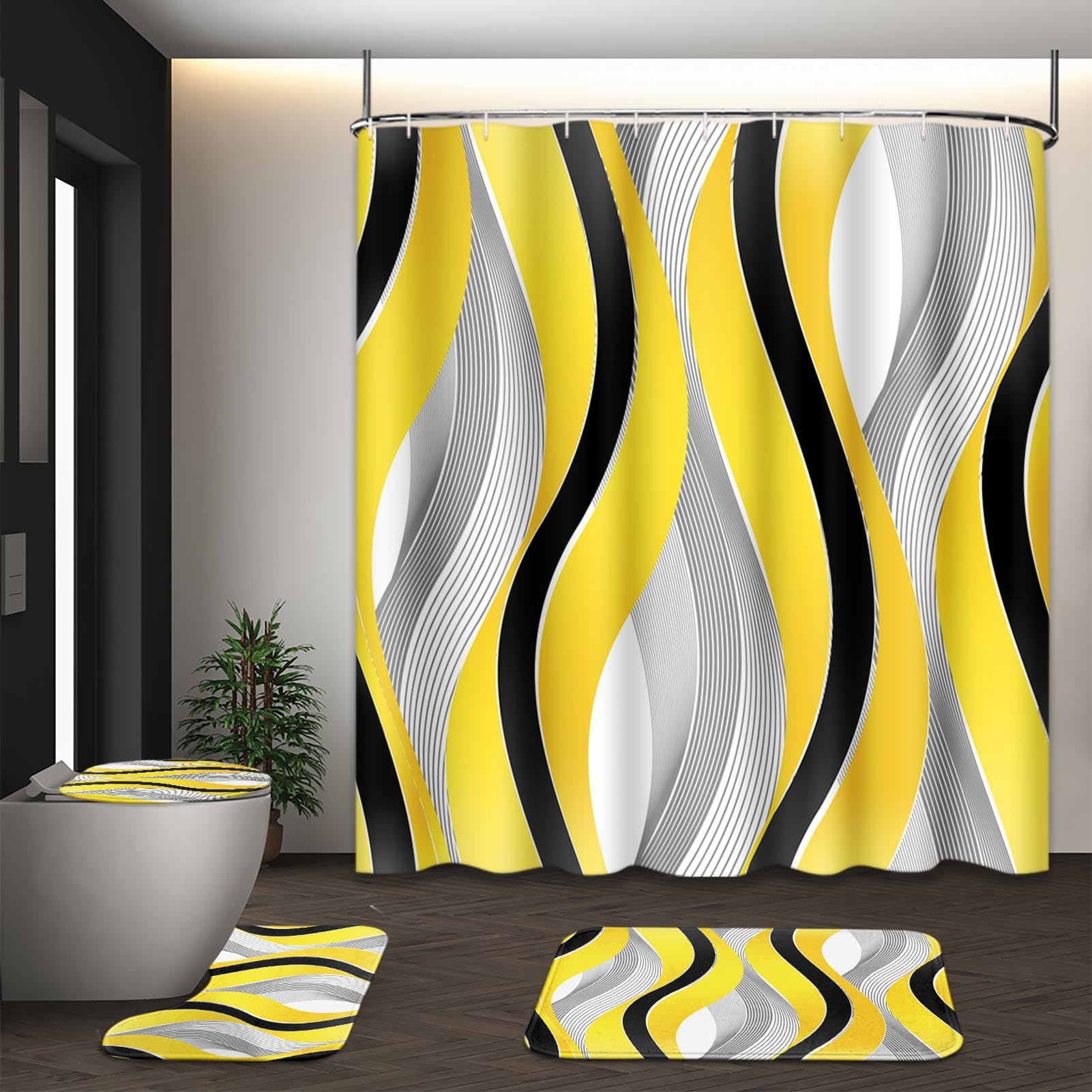 Beige Geometric Shower Curtain Set with Toilet Lid Cover and Non-Slip Rugs for Bathroom, Black Grey White Checkered 4 Pcs Shower Curtain, Modern Abstract Bathroom Set with 12 Hooks