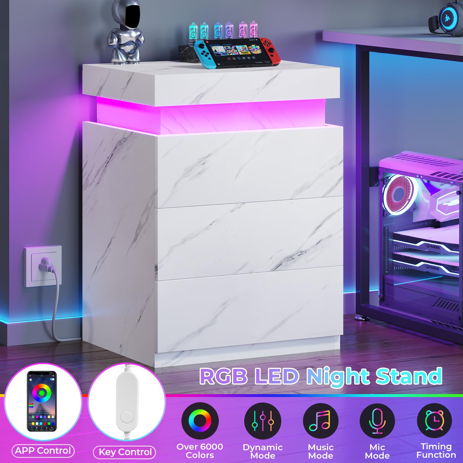 BTHFST LED Nightstands Set of 2,Night Stands for Bedroom Set of 2,Nightstand with Charging Station and Sliding Top,Bedside Table with Power Outlets & Drawers,Modern End Side Table (Black)