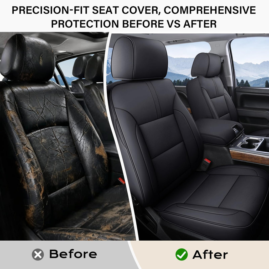 Coverado Chevy Silverado Seat Covers, Faux Leather Seat Covers Fit for Chevy Silverado GMC Sierra 2007-2025 1500, 2015-2025 2500HD 3500HD Crew Double Extended Cab (Front, Black)