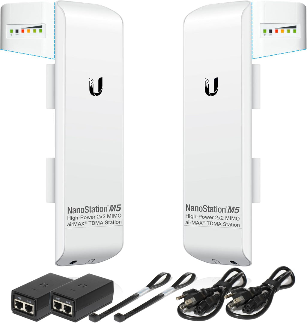 Wireless Bridge Ubiquiti NanoStation M5 PRE-CONFIGURED Bundle of 2 Ubiquiti airMAX NSM5-US, Point to Point Outdoor WiFi Bridge, Plugh and Play, 5GHz, 150+Mbps, 15+km Link Range, Network WiFi Bridge.