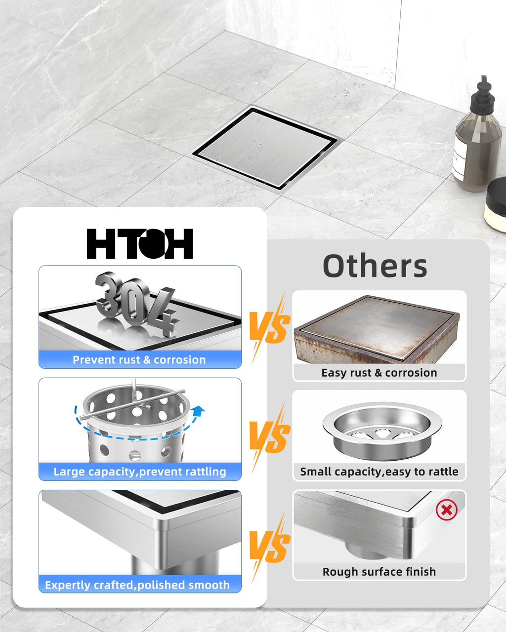6 Inch Gold Shower Drain, Modern 2-in-1 Tiled Shower Drain - 304 Stainless Steel Square Shower Floor Drain for Bathroom, Brushed Gold Drain Shower with Tile Insert Grate Removable, Hair Strainer