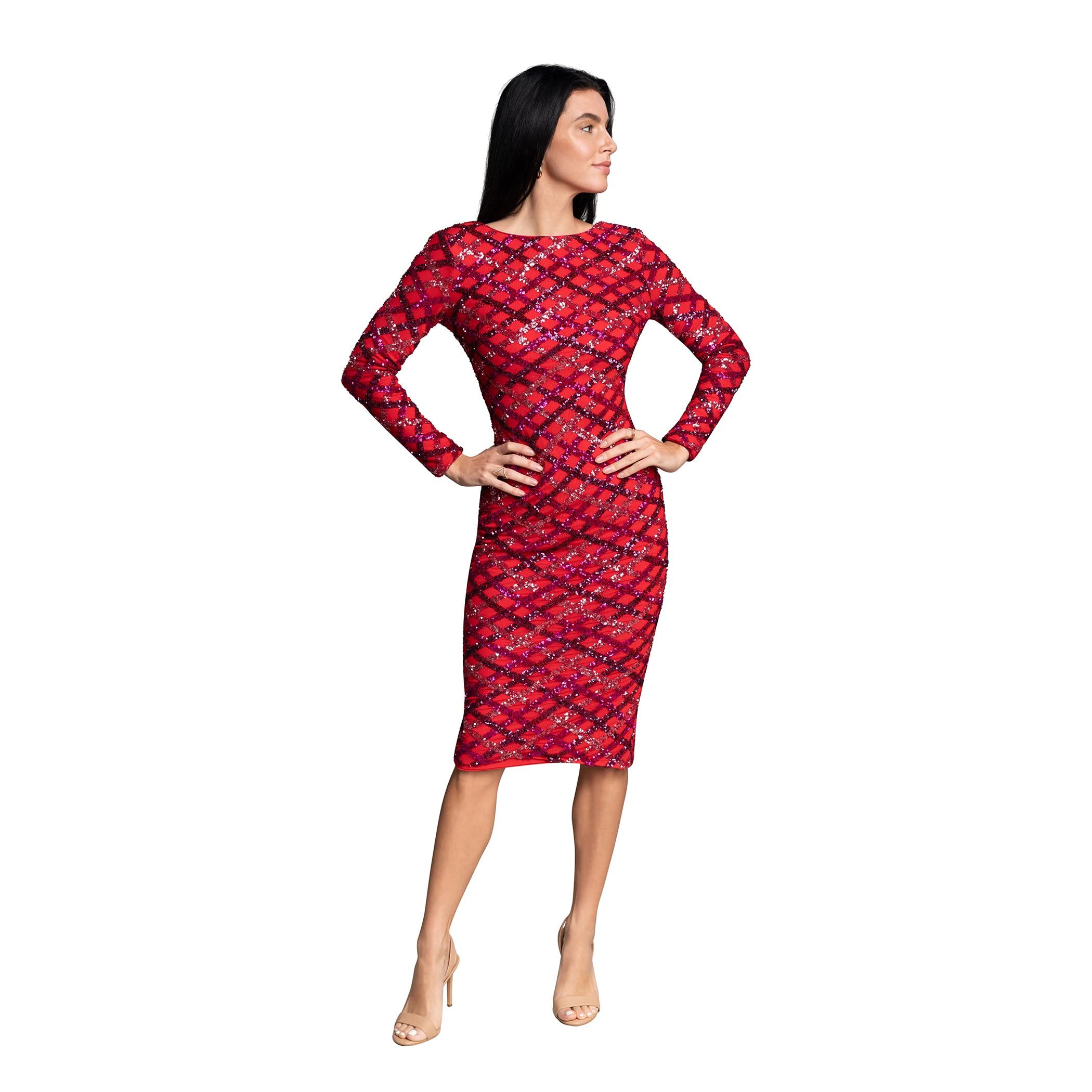 Dress The Population Womens Emery Long Sleeve Stretch Sequin Midi Sheath Ddr147