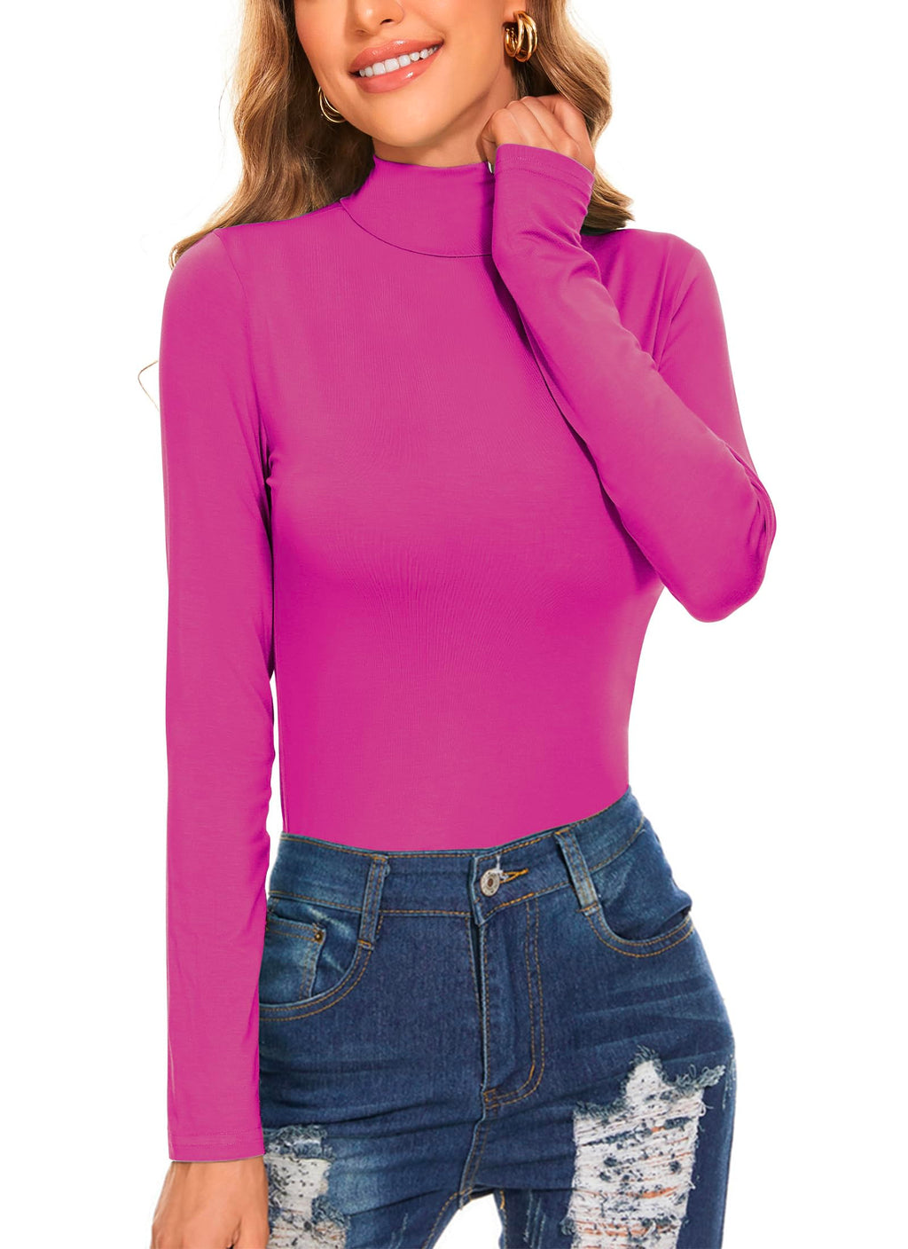 Women's Long Sleeve Mock Turtleneck Tops Casual Slim Fitted Lightweight Under Layer Pullover Shirts