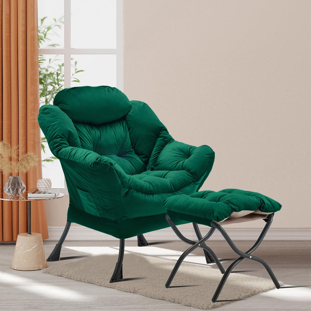 Youtanic Lazy Chair with Folding Ottoman, Accent Chair Velvet Upholstered with Metal Structure and Non-Slip Pads, Sofa Armchair with Footrest and Side Storage Bag for Dorm, Room, Office, Beige