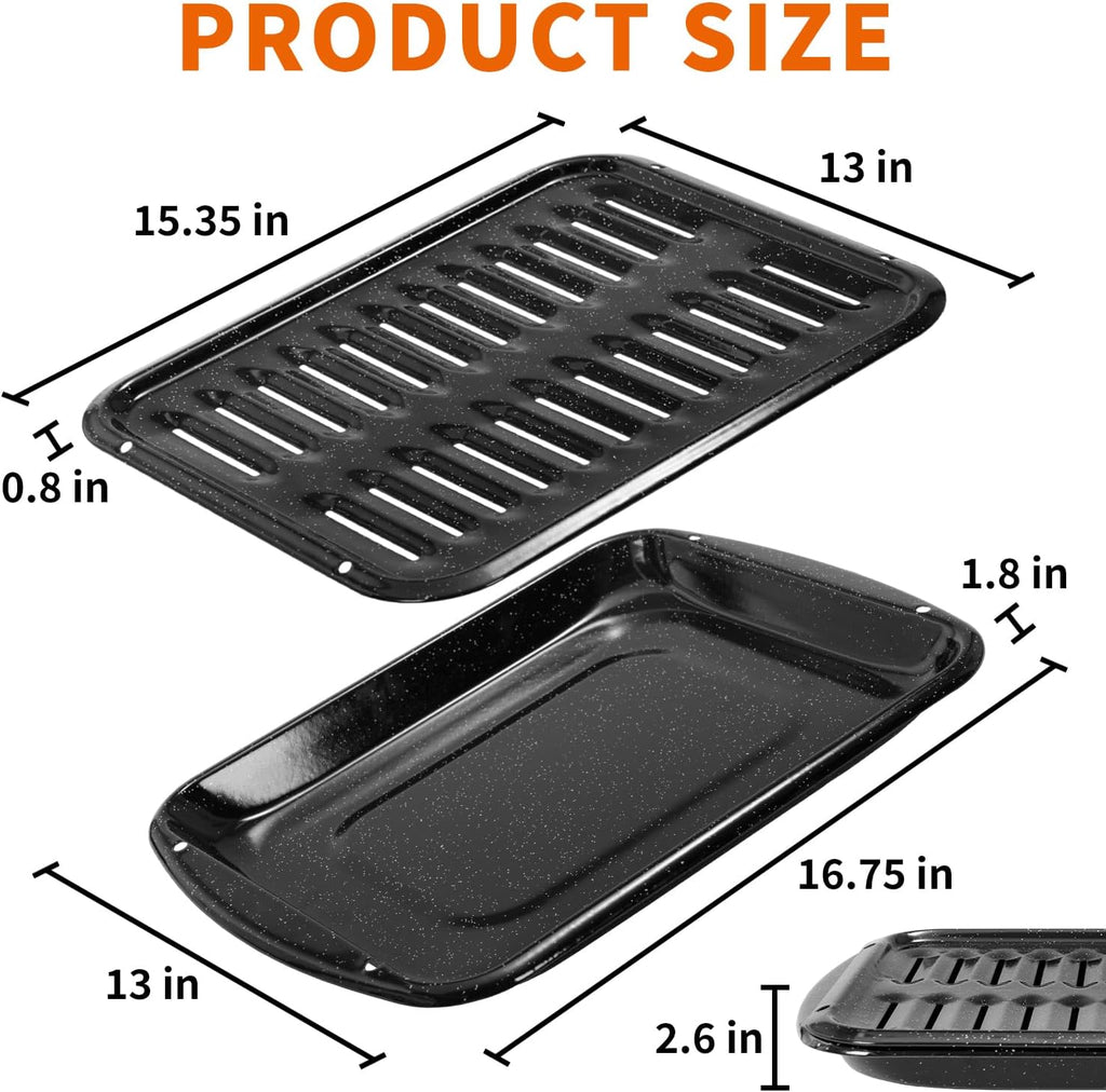 16.75" Broiler Pan for Oven with Rack, 2-Piece Thick Porcelain Enamel Roasting Pan Set, Heavy Duty Grill Pan & Drip Tray, Large Nonstick Oven Pan for Baking, Grilling & Roasting Bacon, Steak, Meats