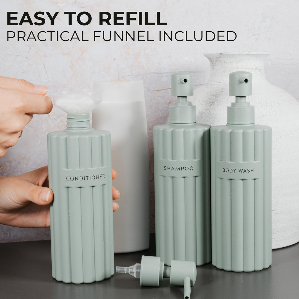 Stylish Shampoo and Conditioner Dispenser Set of 3 - Modern 19oz Shower Soap Bottles with Pump and Labels - Easy to Refill Body Wash Dispensers for an Instant Bathroom Decor Upgrade