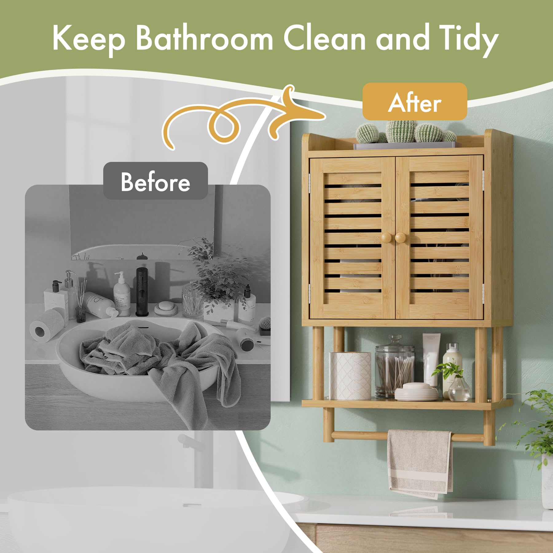 AmazerBath Bathroom Wall Cabinets, Bamboo Medicine Cabinet with Rattan Door, Over The Toilet Storage Cabinet with Towel Bar, Wall Mounted Cabinet with Adjustable Shelves for Small Spaces