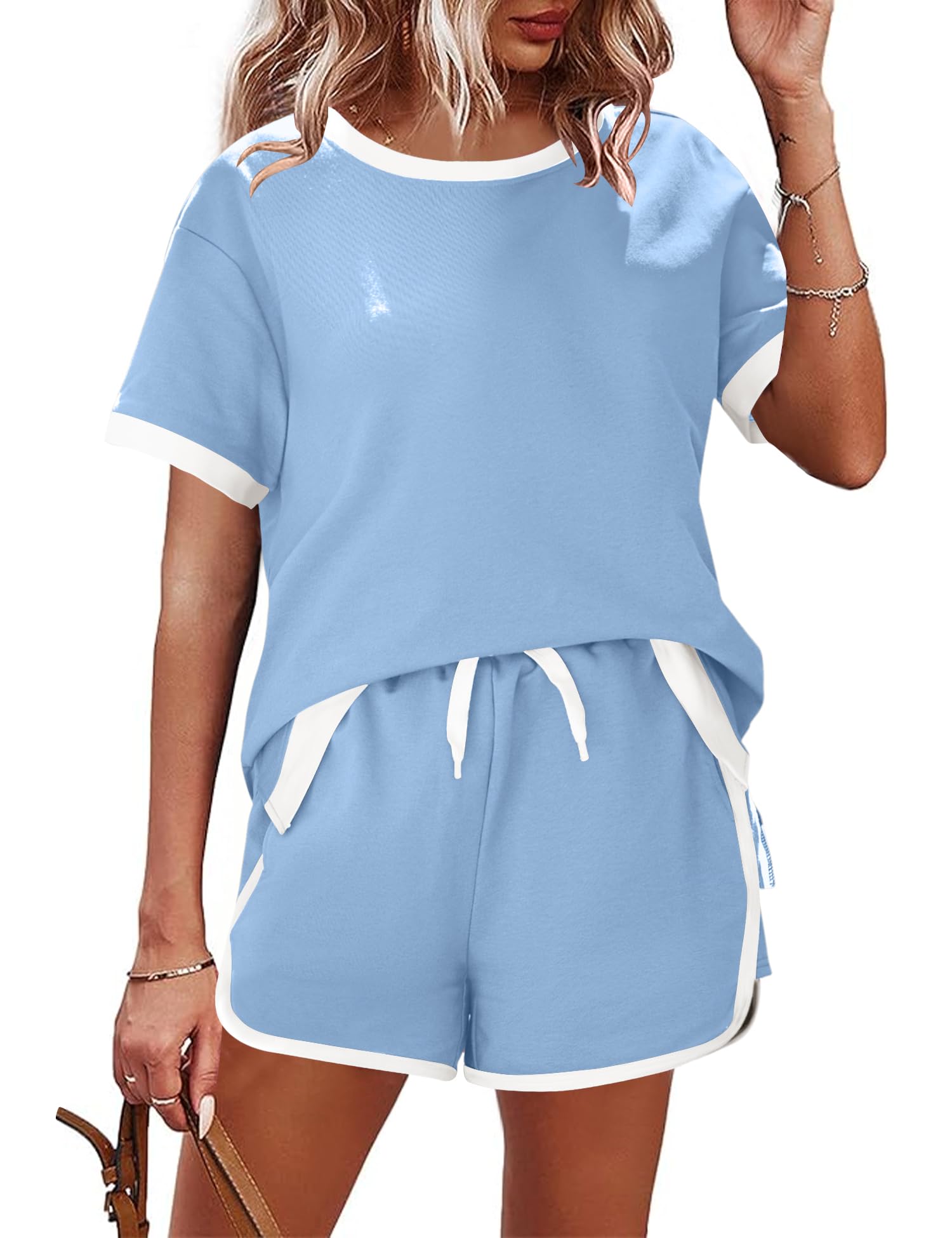 AKEWEI Shorts Sets Women 2 Piece Outfits Casual Short Sleeve Crewneck Tops and Drawstring Shorts Color Block Sets