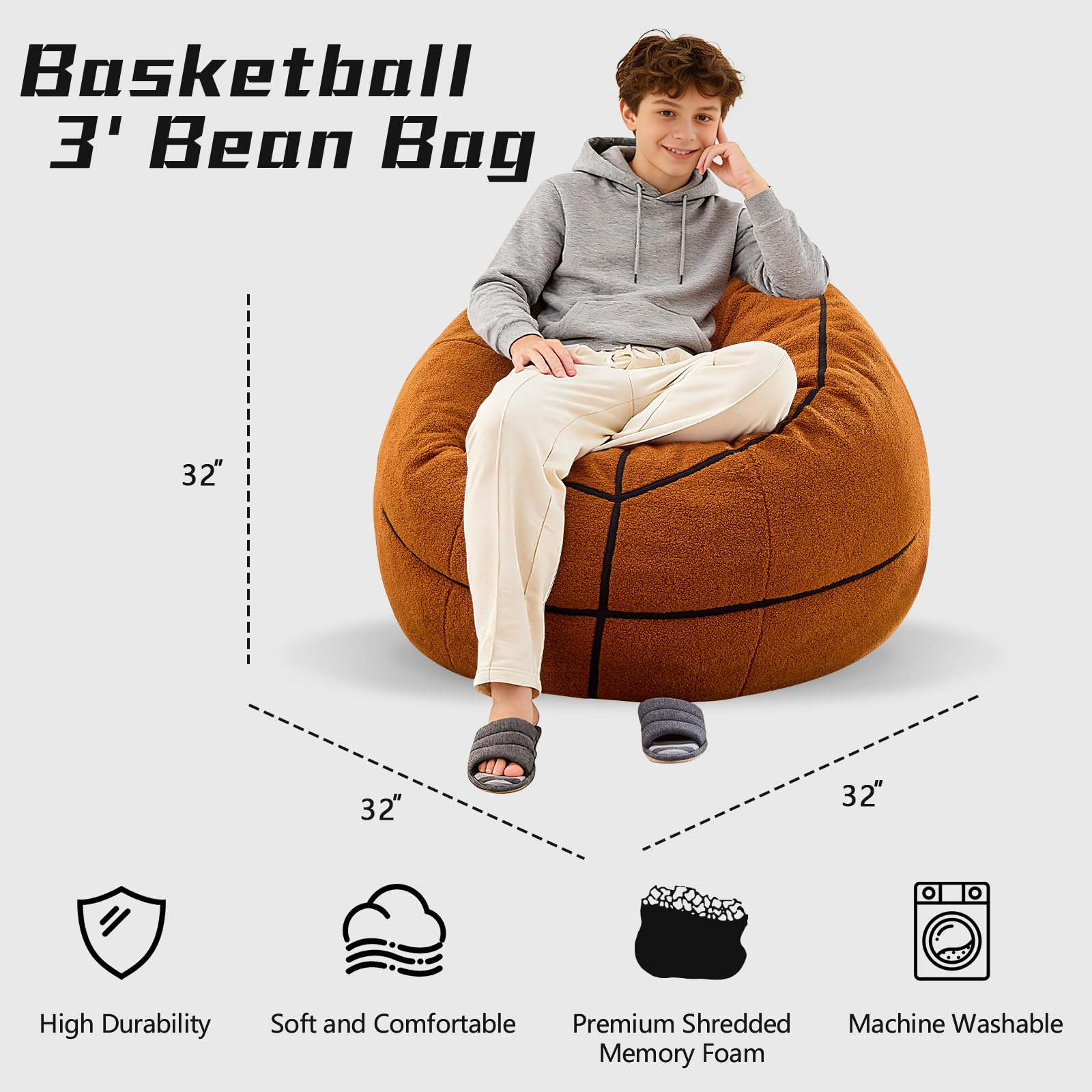 Sports Baseball Bean Bag Chair - Luxurious Bean Bag Chairs for Kids Teens Adults - Floor Sofa Couch with Filler - Plush BeanBag Furniture for Living Room Bedroom College Dorm - 32 Inch