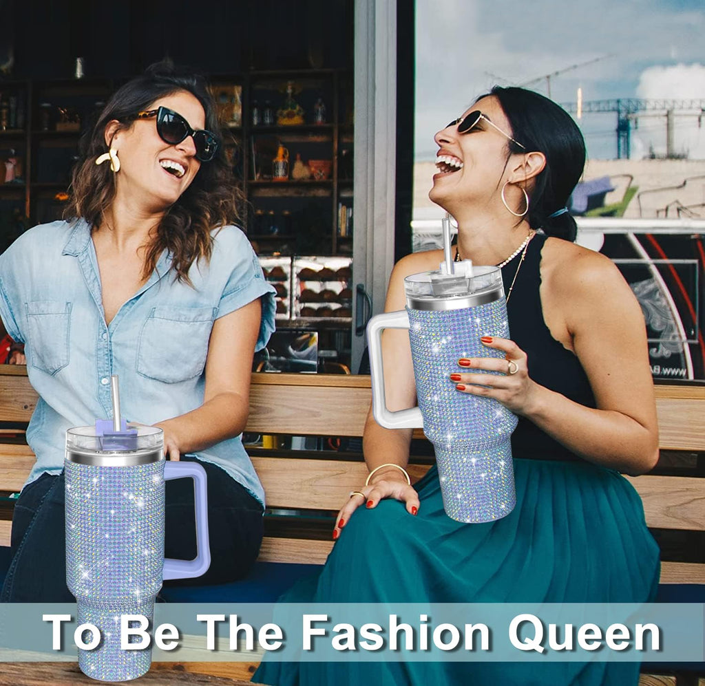 HWISDMIG 40oz Tumbler with Handle-Glitter Rhinestones Tumbler Bling Cups Stainless Steel Water Bottle Diamond Studded Tumbler for Women-Birthday Gifts for Women, Mom, Girlfriend (Amethyst)