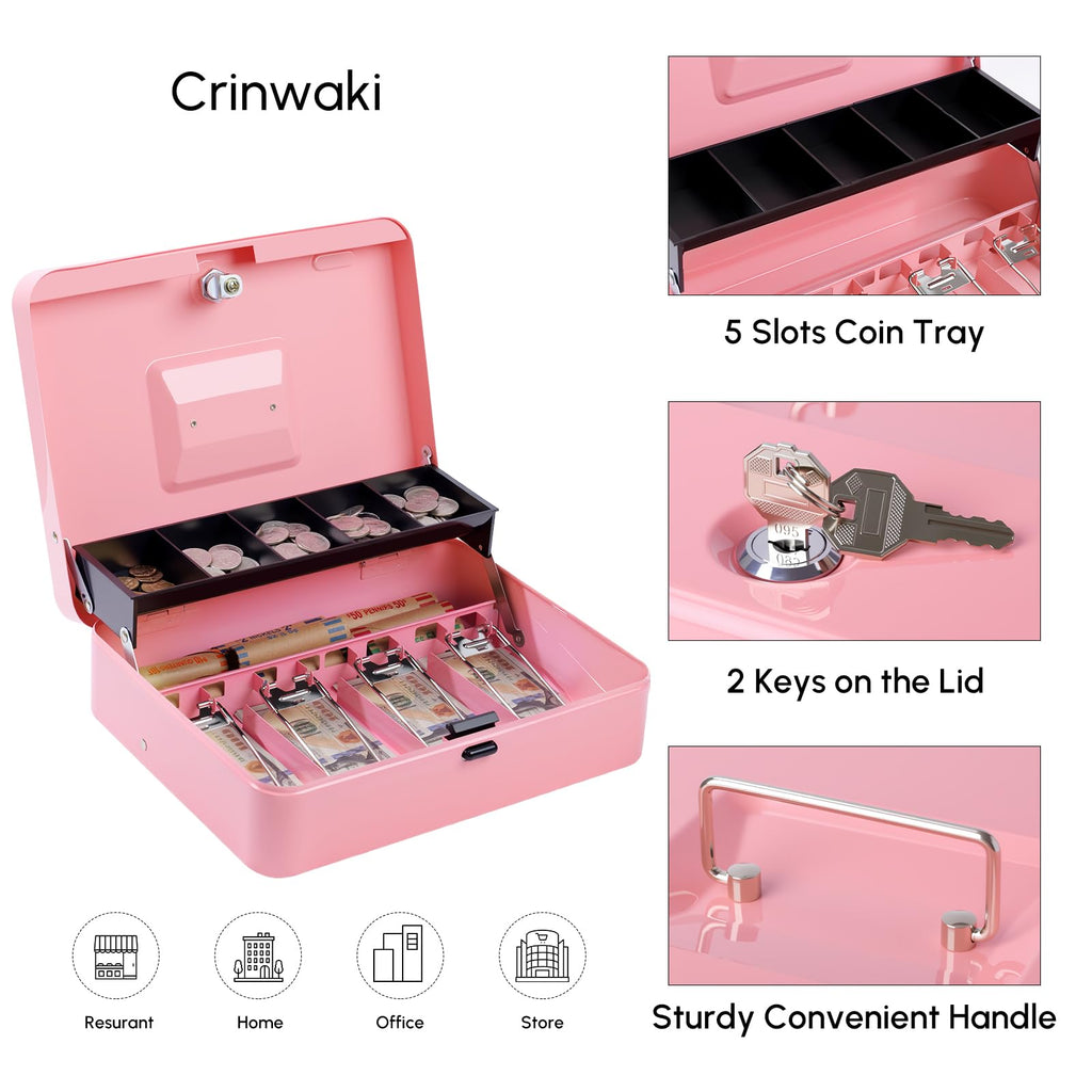 Cash Box with Money Tray and Key Lock, Saving Lock Box with Money Tray Storage for Cash Register 11.8"x9.45"x3.54" Black XL Large