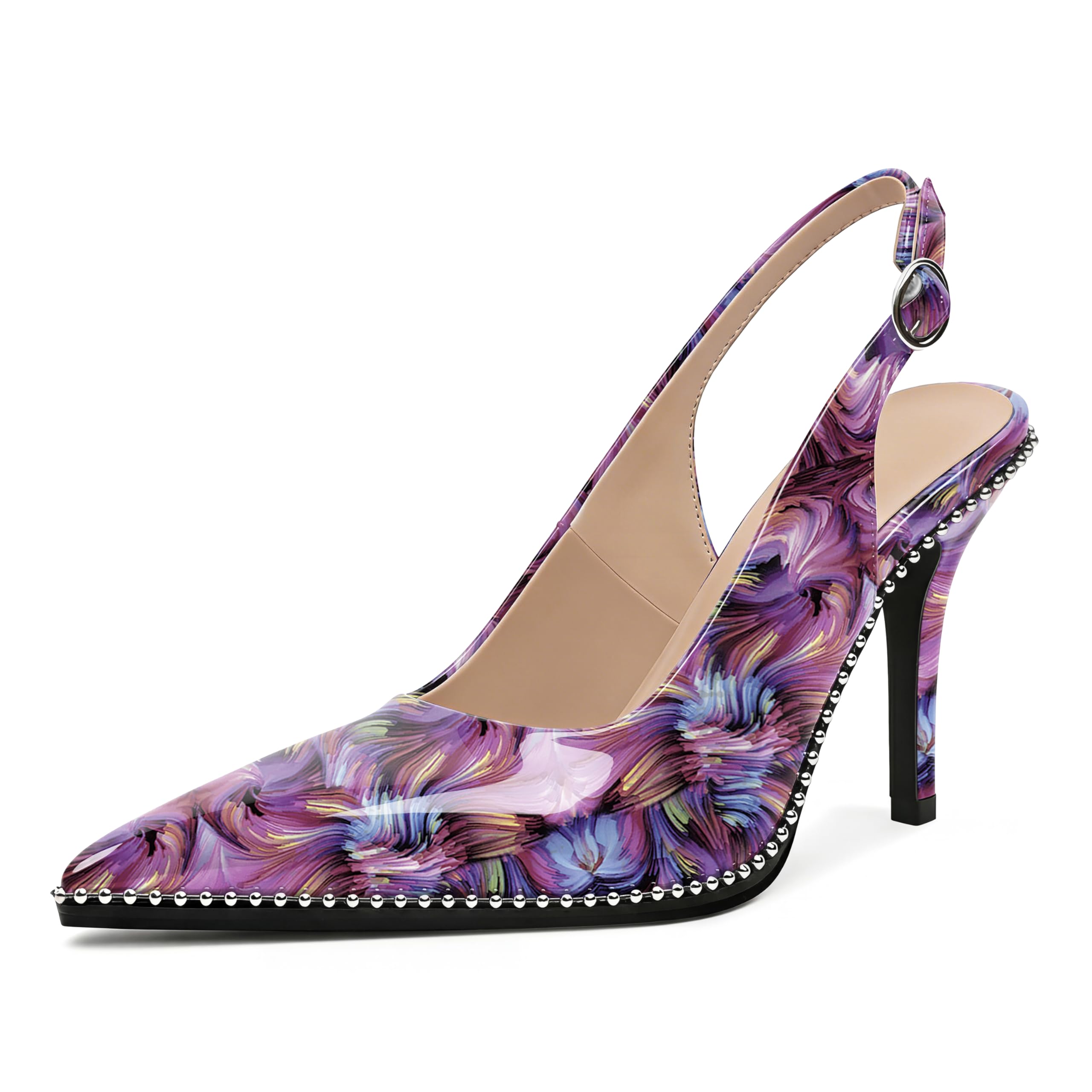 Zamikoo Women Beaded Pumps High Heel Slingback Pointed Toe Slip On 3.5 Inch Stilettos Ankle Strap Adjustable Buckle Patent Leather US Size 5 -Size 13