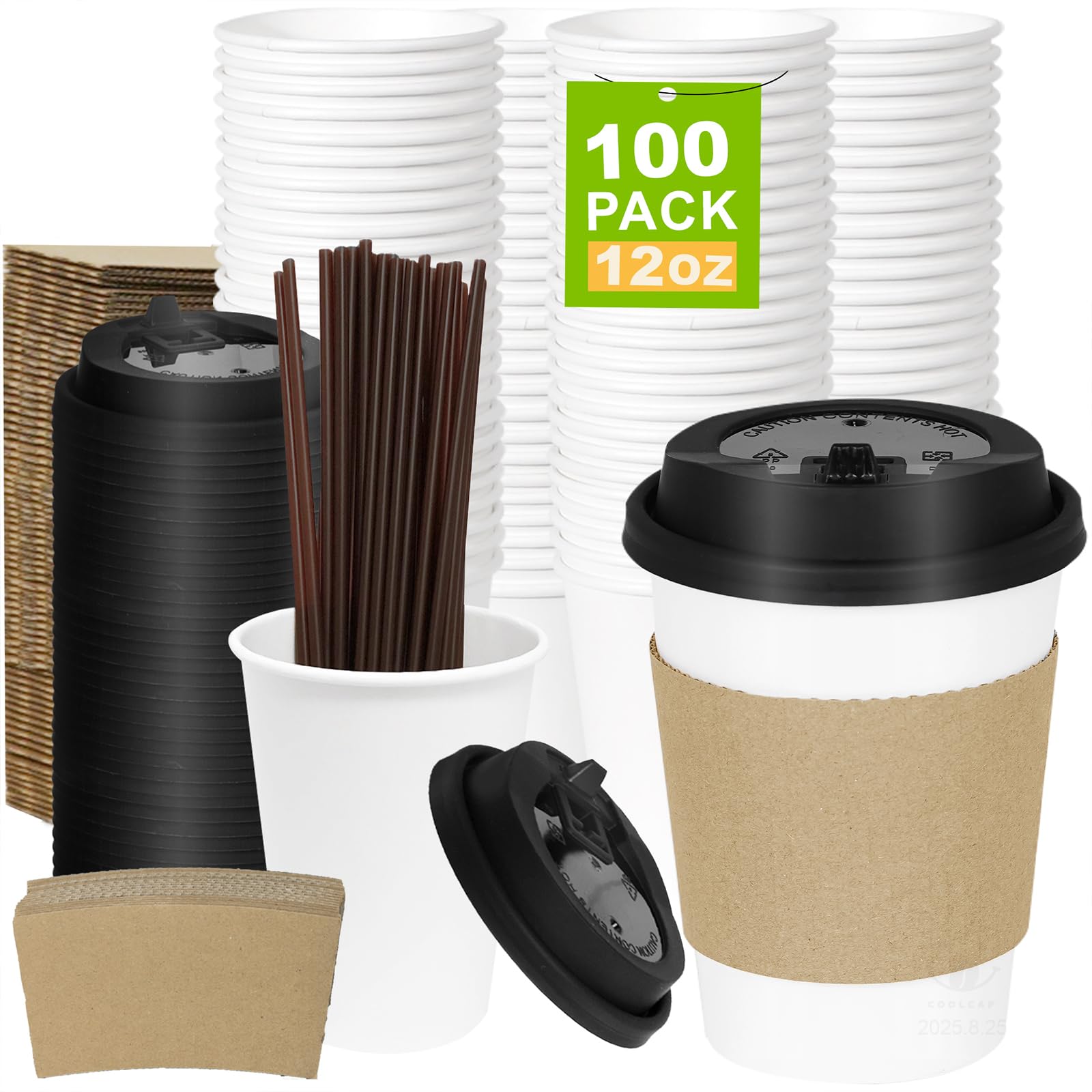 16 oz 100 Pack Corrugated Ripple Wall Disposable Coffee Cups with Lids and Straws, Heavy Duty Insulated Cups for Hot Beverage or Cold Drinks, Bulk for Restaurants, Offices, Coffee Shops(Black)