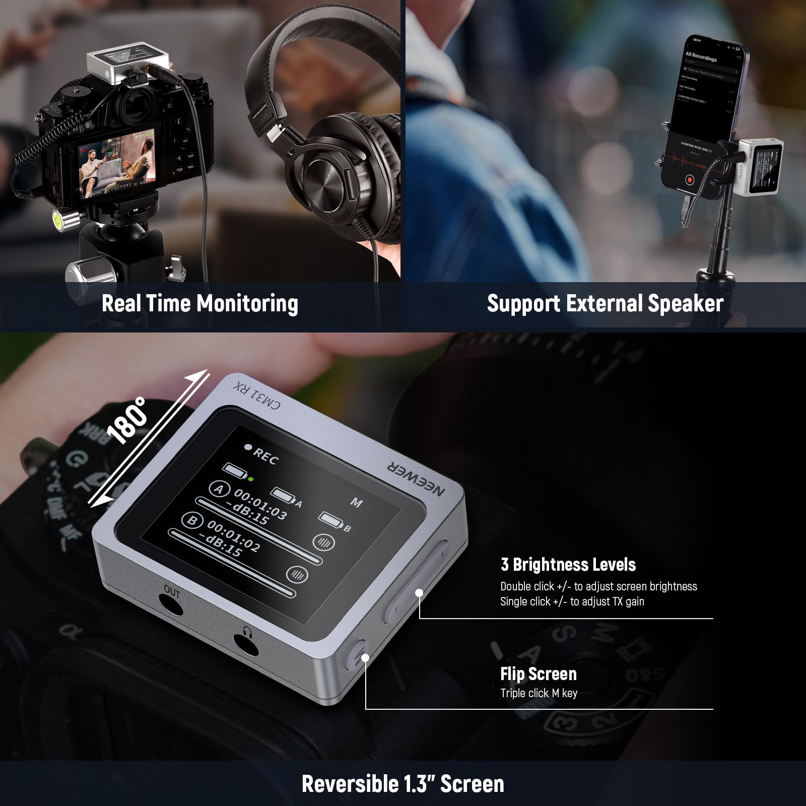 NEEWER CM28 Wireless Lavalier Microphone System, 1 Click Noise Canceling, 4GB Storage for 9Hrs of 48KHz 16 Bit Uncompressed Audio, Lapel Mic Compatible with iPhone/Android/PC/Camera/iPad