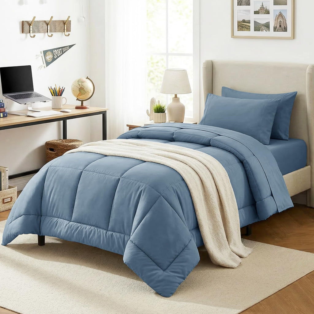 CozyLux Twin XL Comforter Set Baby Blue, 5 Pieces Twin Extra Long Bed in a Bag for College Dorm, All Season Bedding Set with Stitch Quilted Comforter, Flat Sheet, Fitted Sheet, Pillowcases