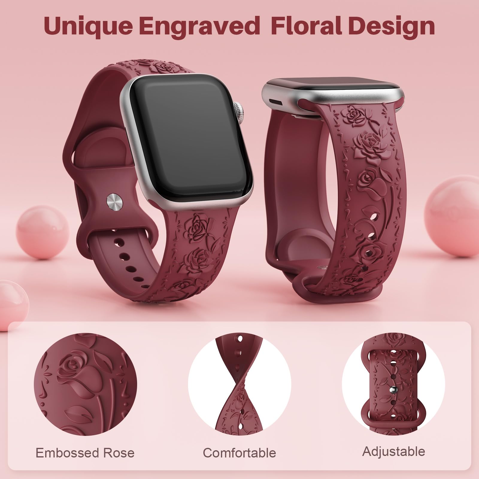 Floral Engraved Band Compatible with Apple Watch Band 40mm 41mm 38mm 42mm 44mm 45mm 46mm 49mm Women, Soft Silicone Cute Embossed Flower Strap for iWatch Band Series SE Ultra 11 10 9 8 7 6 5 4 3 2 1